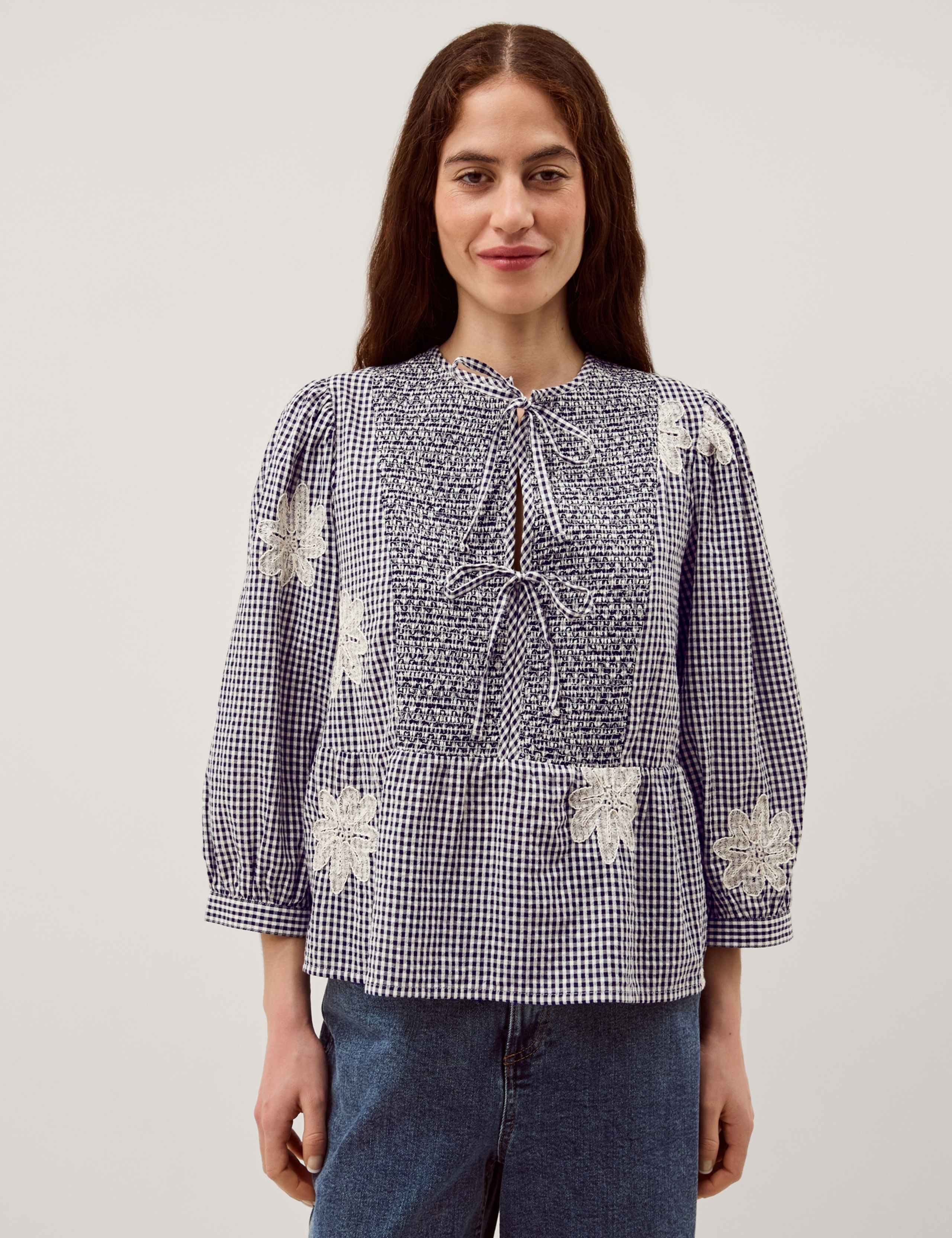 Pure Cotton Checked Tie Neck Blouse