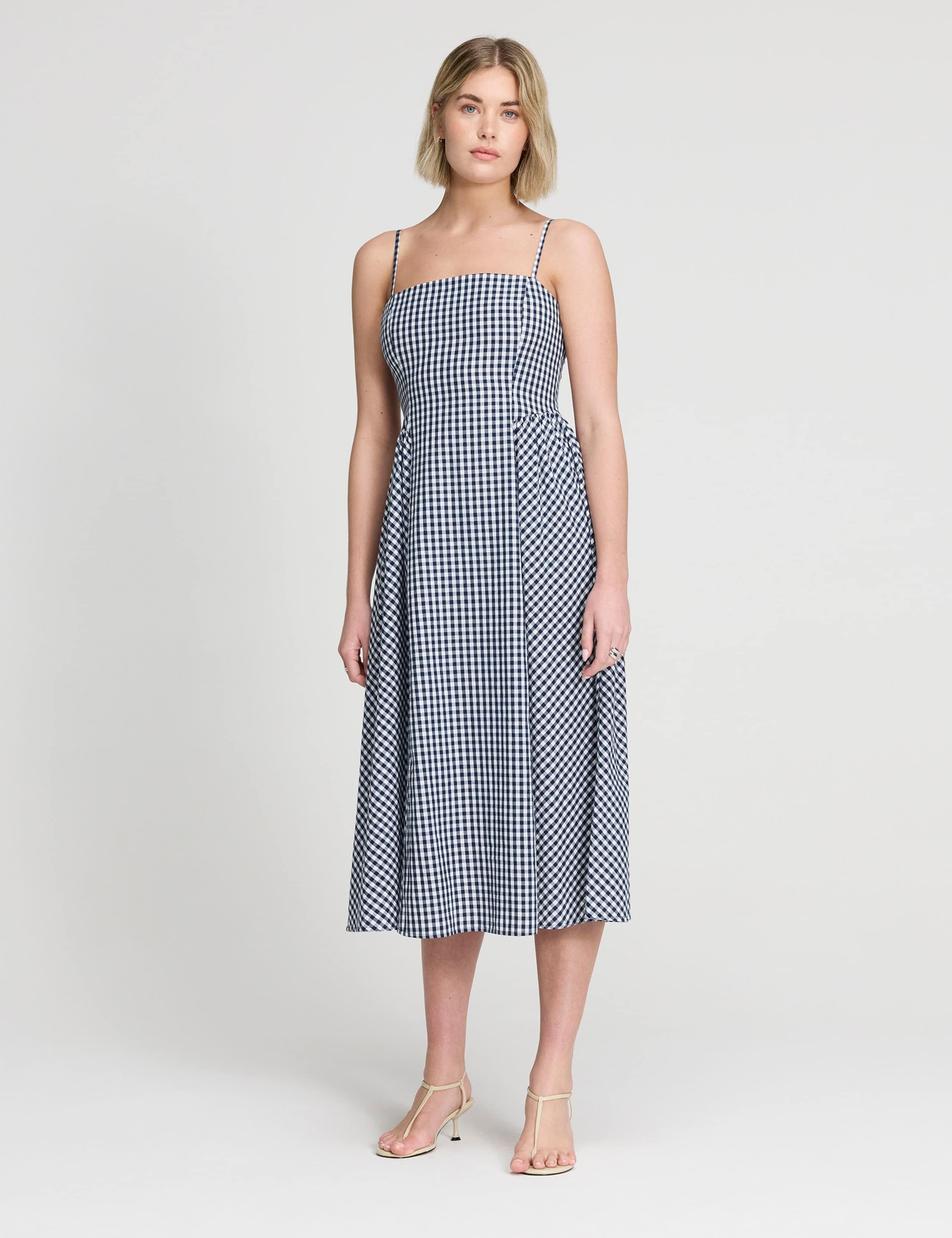 Pure Cotton Gingham Square Neck Midi Dress