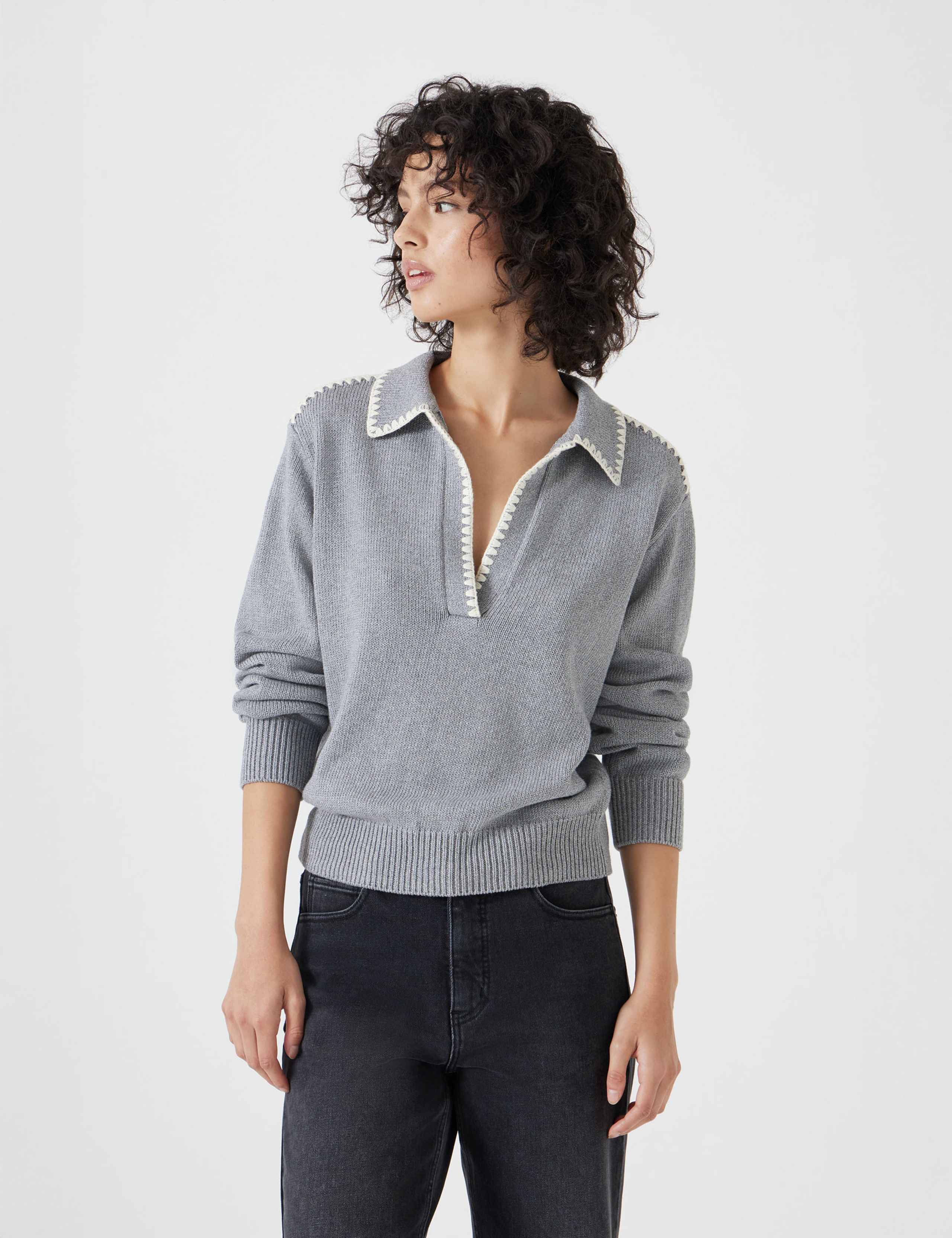 Pure Cotton Textured Collared Jumper