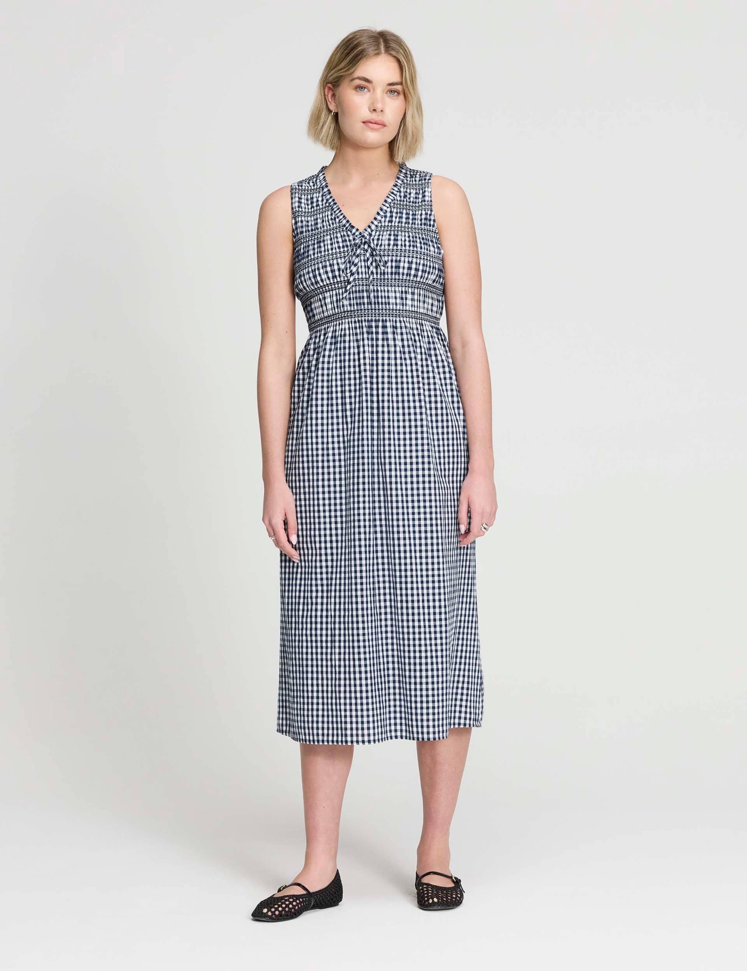 Pure Cotton Gingham Midi Shirred Dress