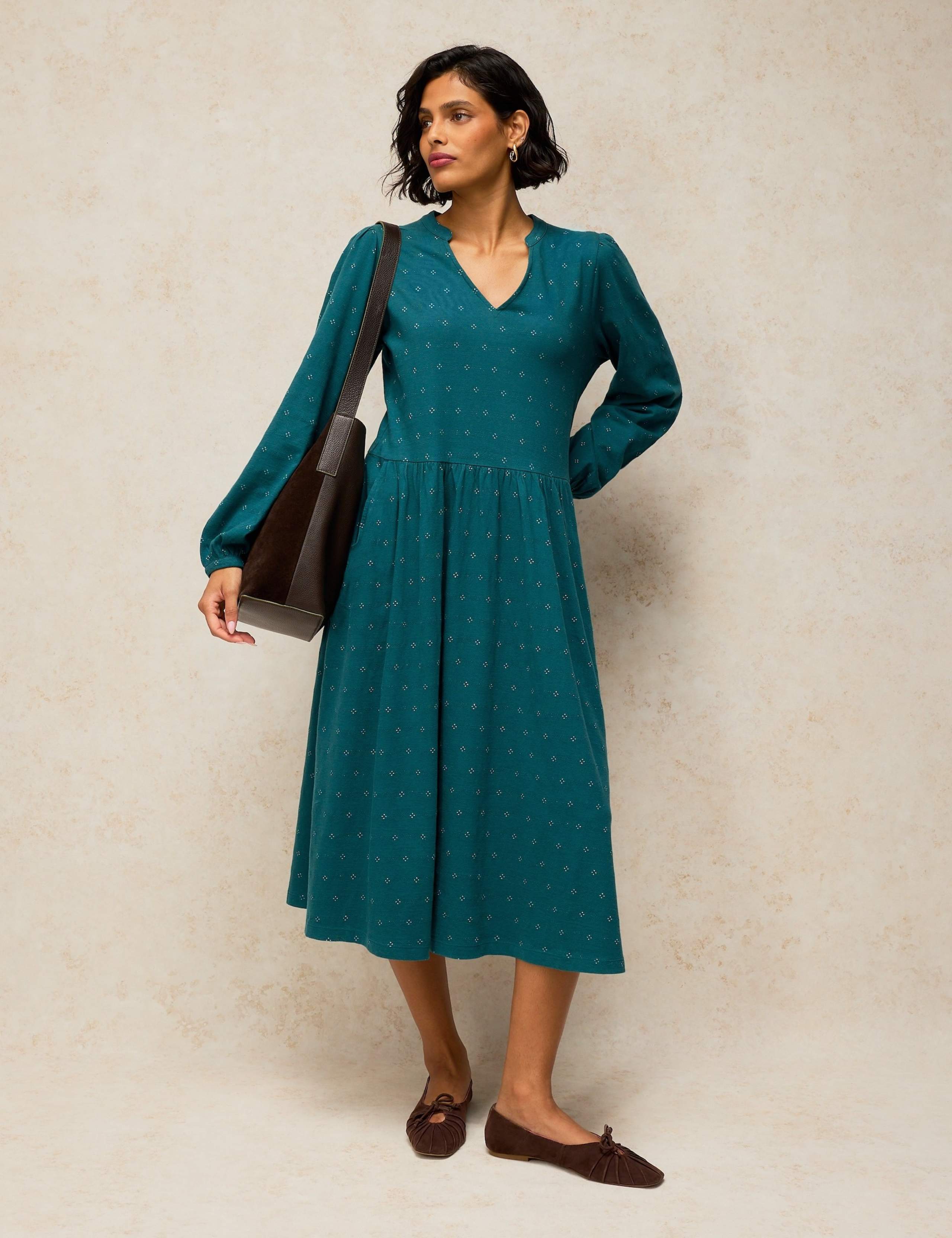 Cotton Rich Notch Neck Midi Dress