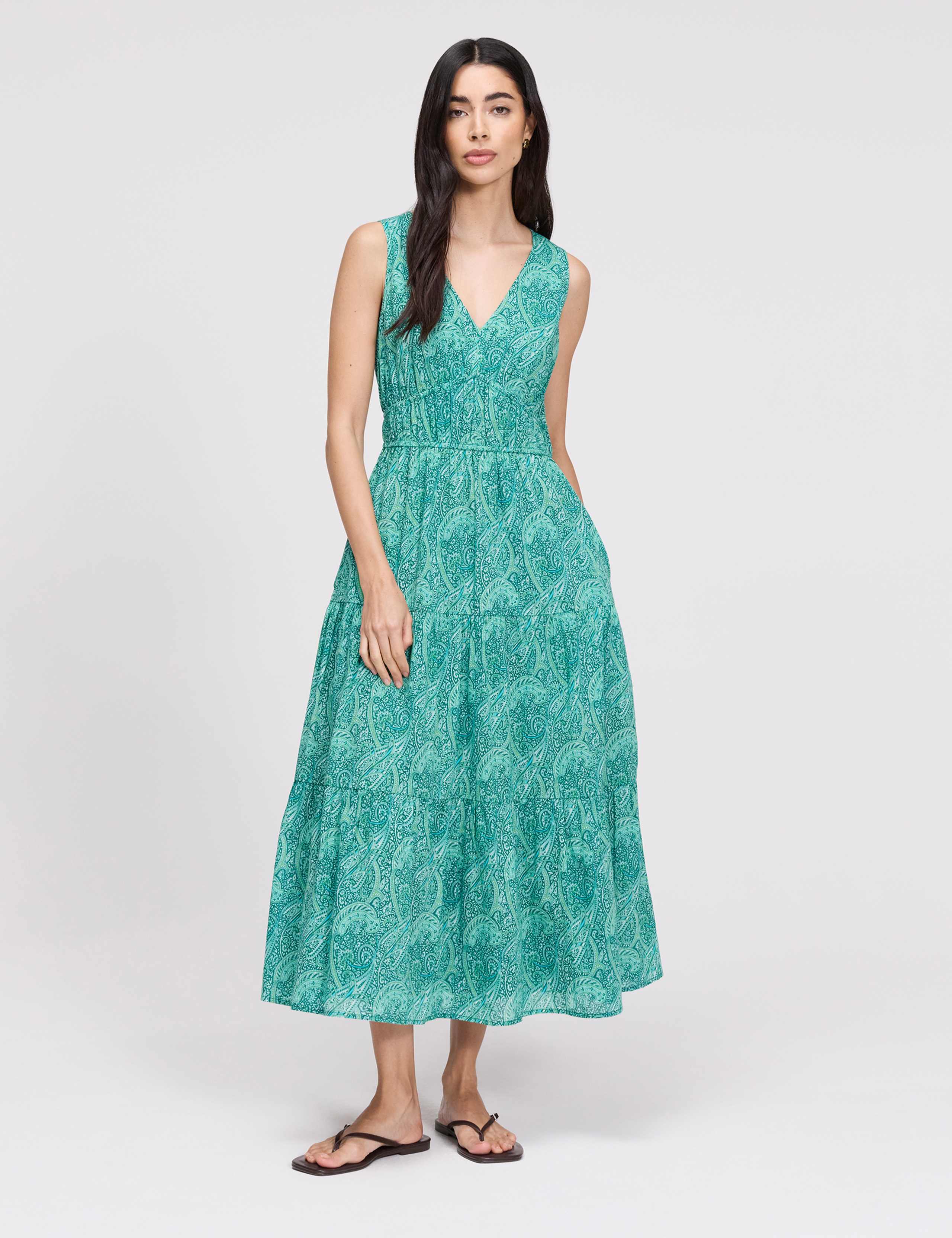 Pure Cotton Paisley V-Neck Midi Dress