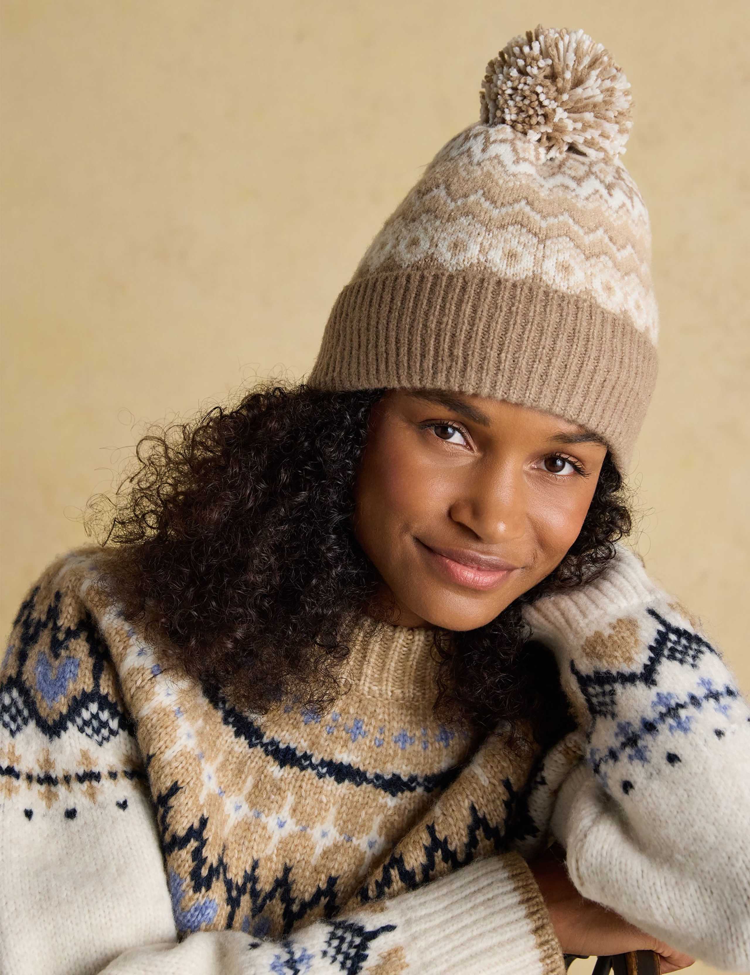 Knitted Fair Isle Pom Beanie Hat