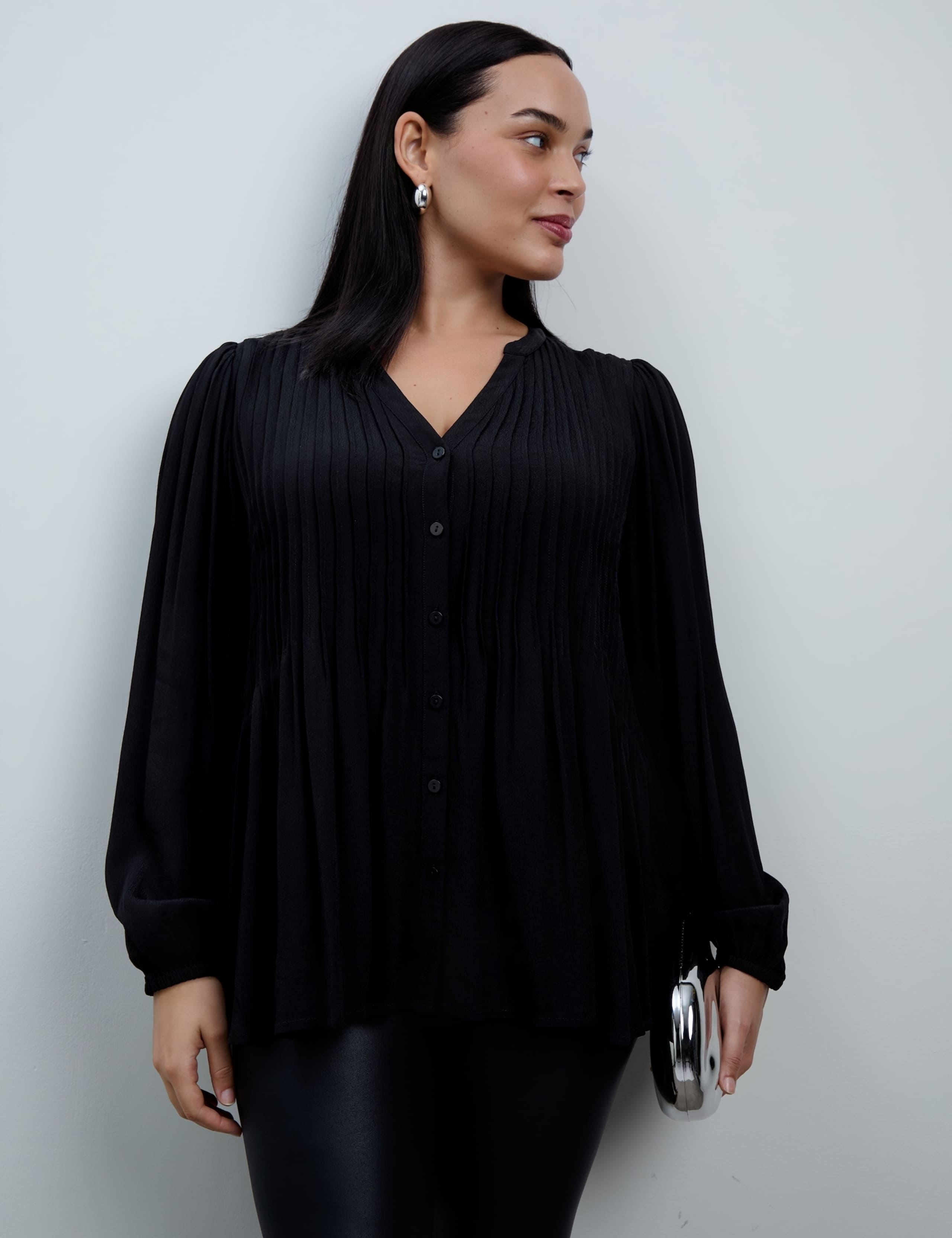V Neck Pintuck Button Through Blouson Sleeve Top