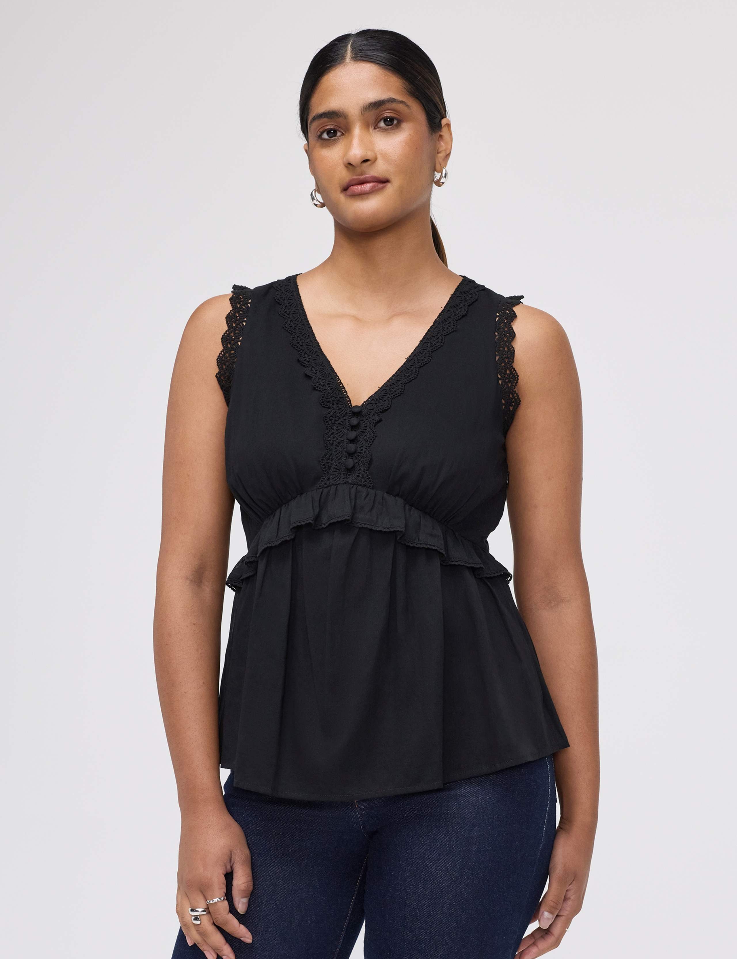 Pure Cotton V-Neck Lace Detail Peplum Top