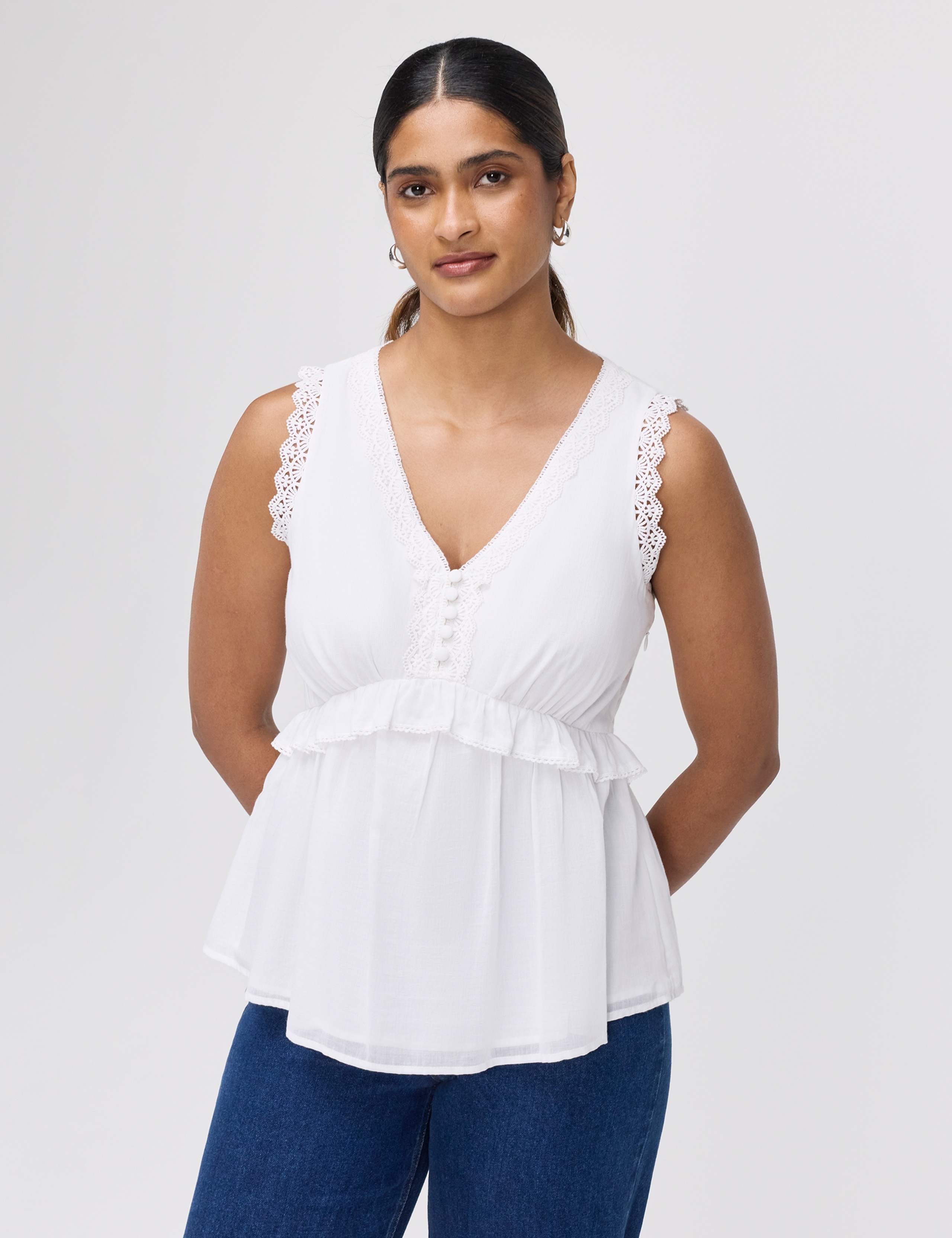 Pure Cotton V-Neck Lace Detail Peplum Top