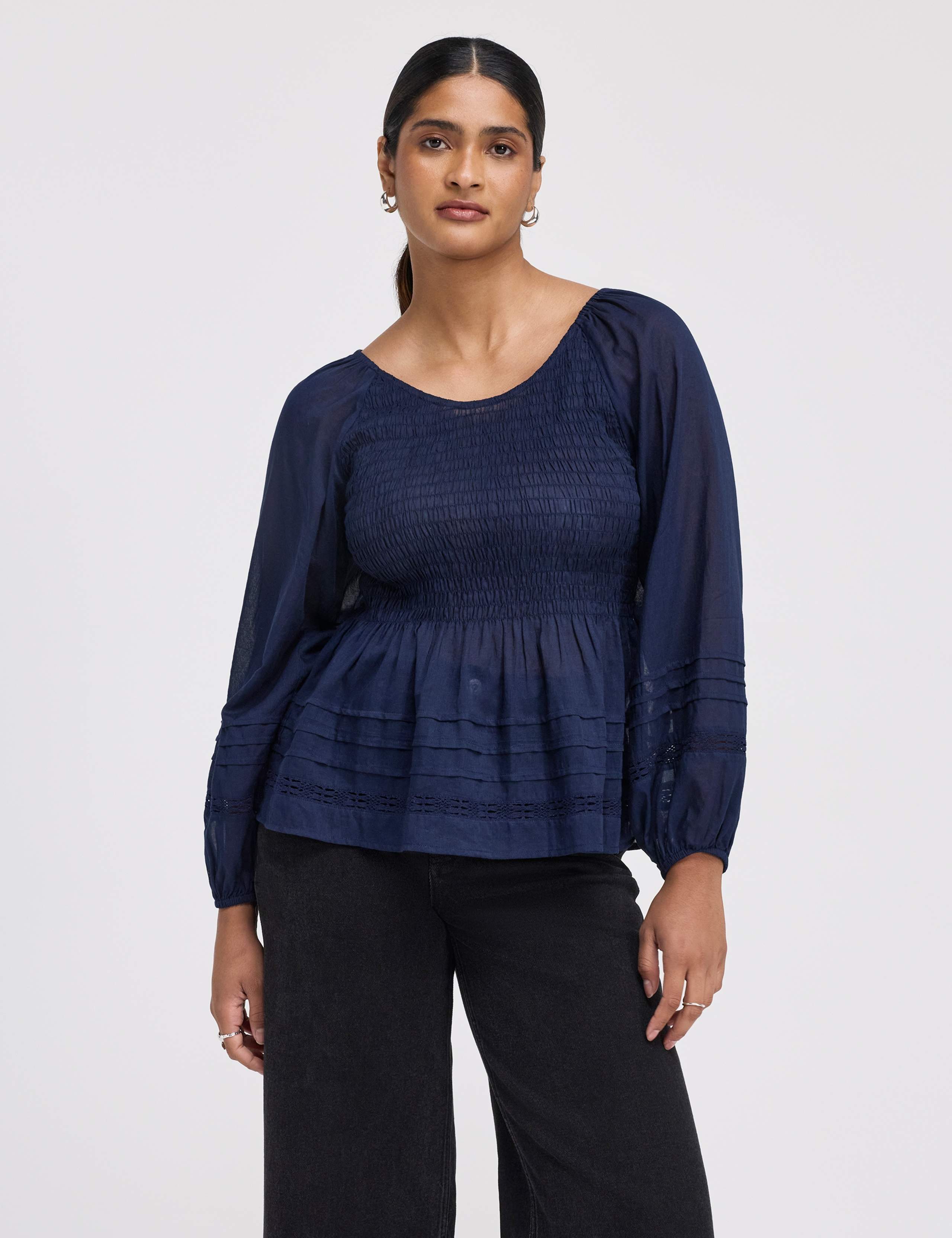 Pure Cotton Shirred Blouson Sleeve Top
