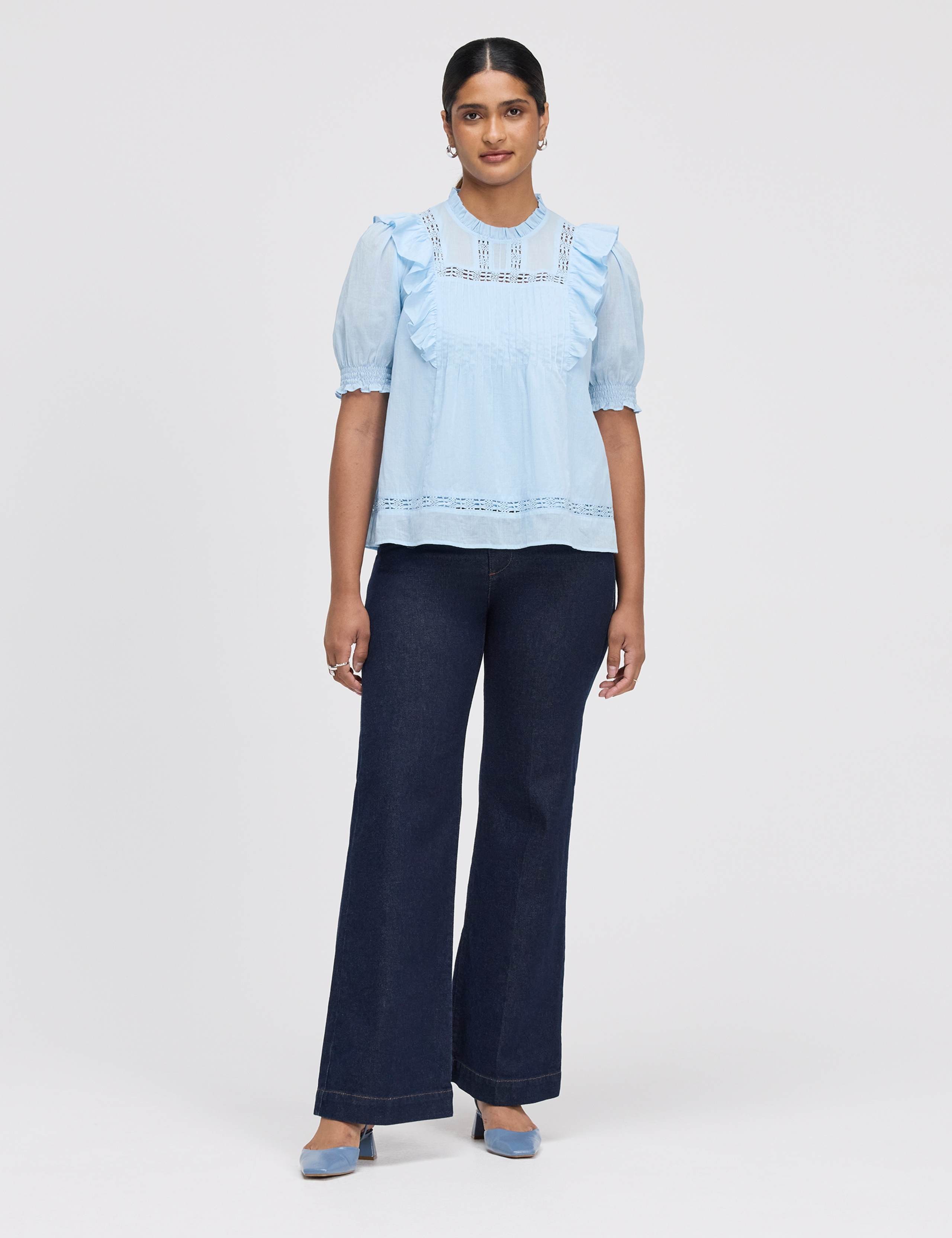 Pure Cotton Frill Detail Puff Sleeve Top