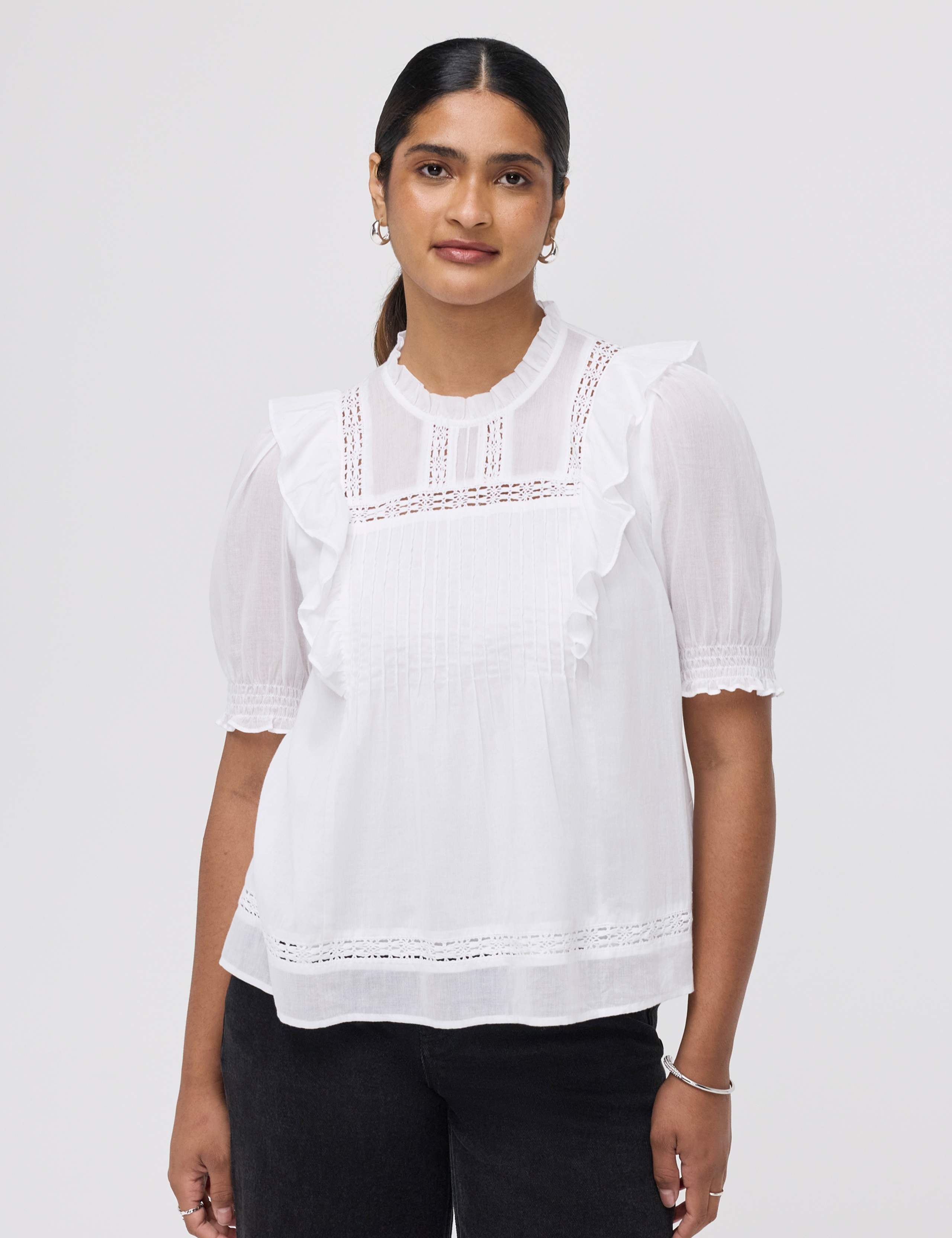 Pure Cotton Frill Detail Puff Sleeve Top