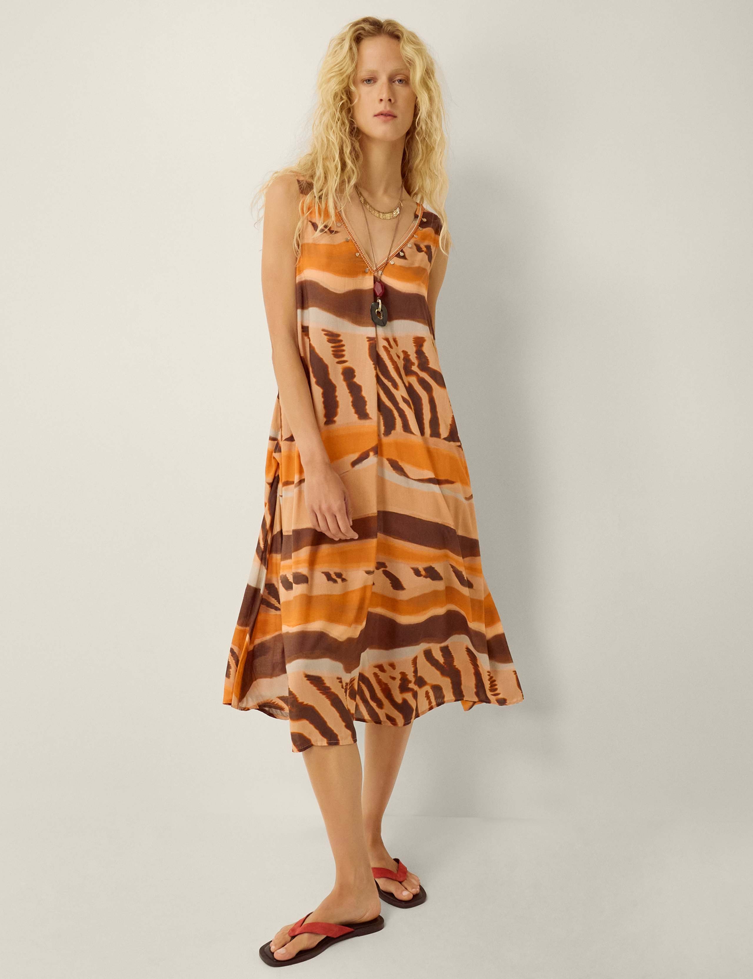 Printed V-Neck Midi Dress