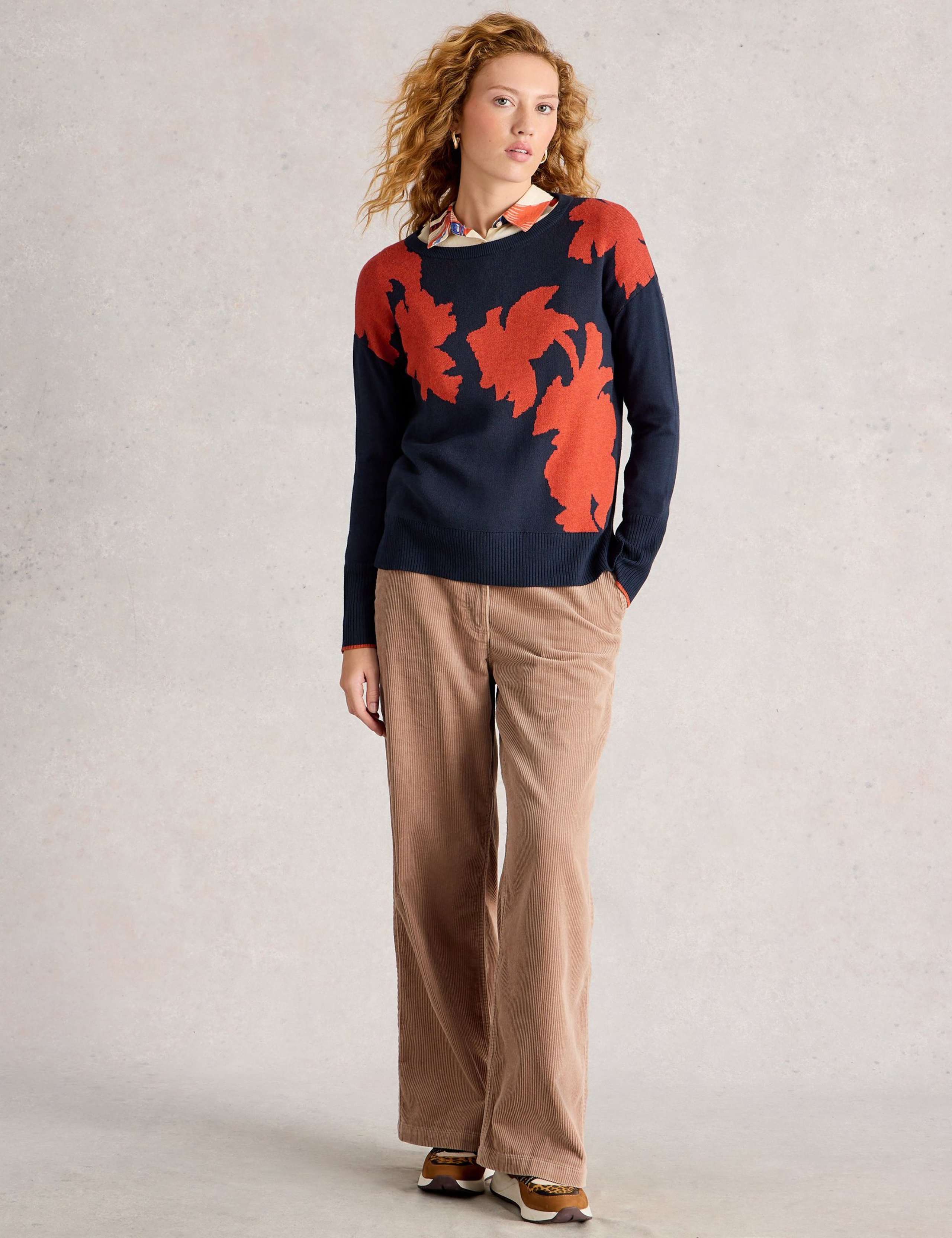 Cotton Blend Floral Crew Neck Jumper