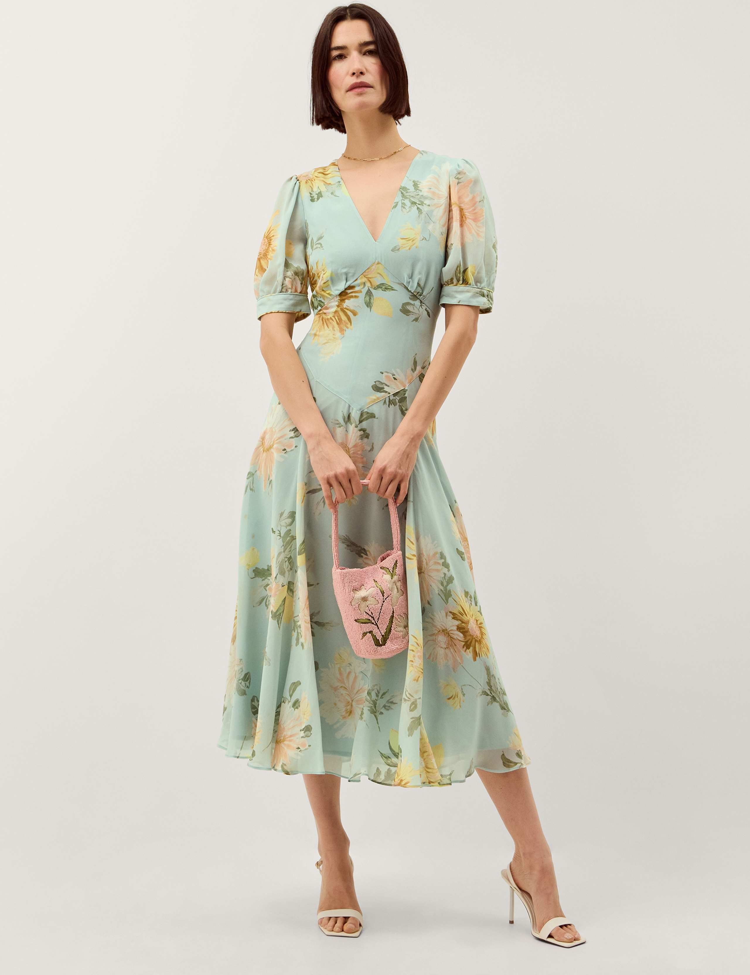 Floral V-Neck Midi Waisted Dress