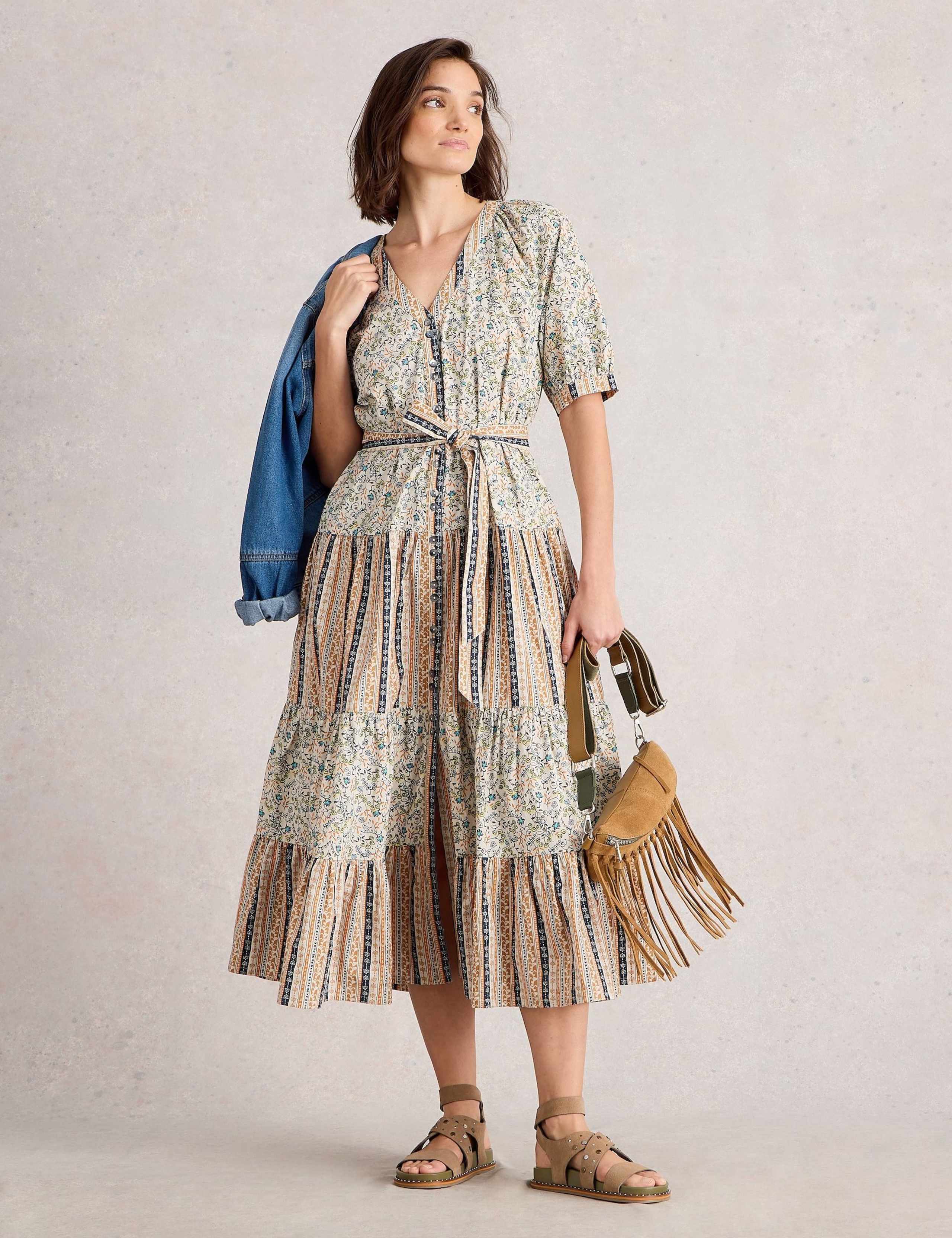 Pure Cotton Printed Belted Midi Tiered Dress