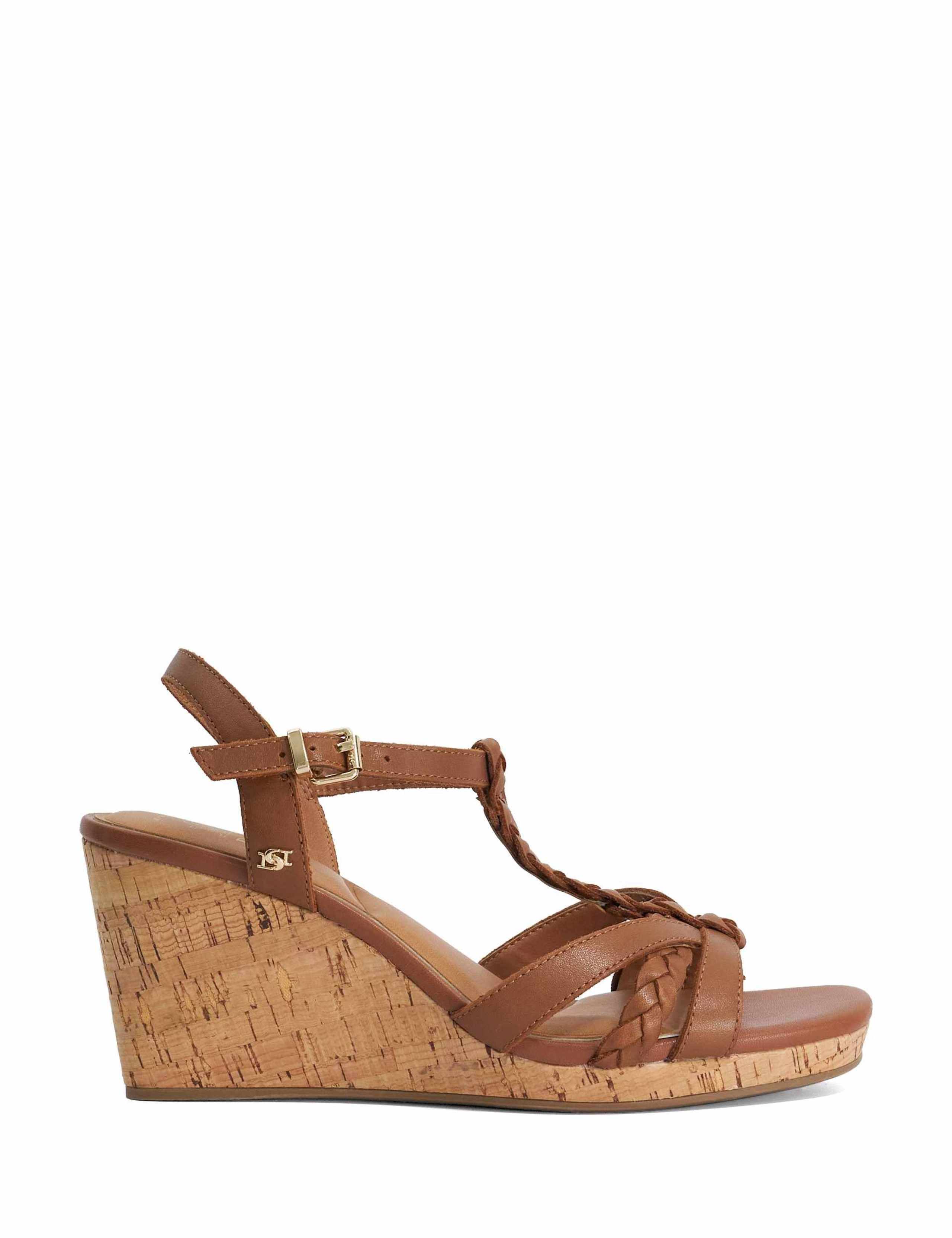 Wide Fit Leather Plait Detail Wedge Sandals