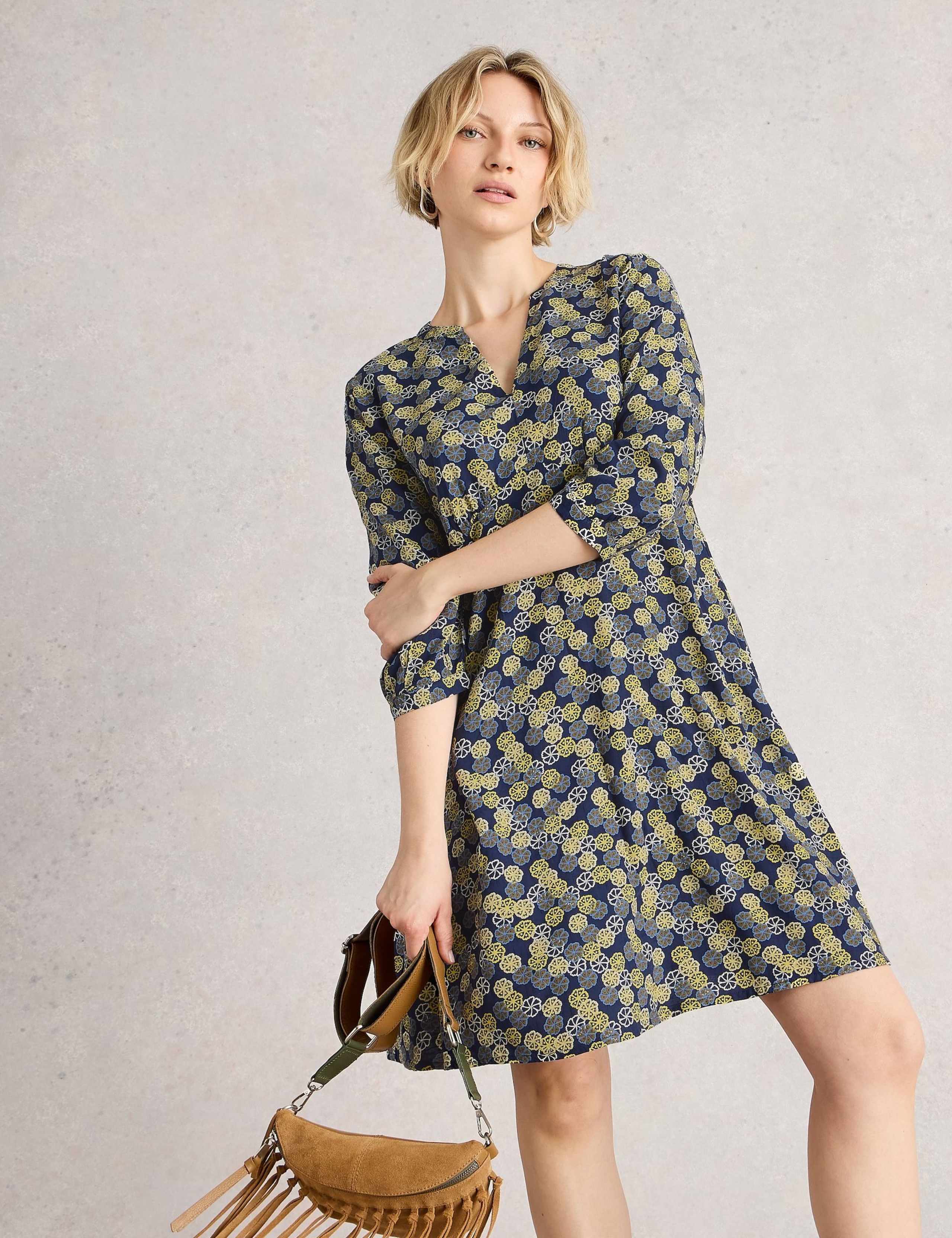 Notch Neck Printed Tea Dress