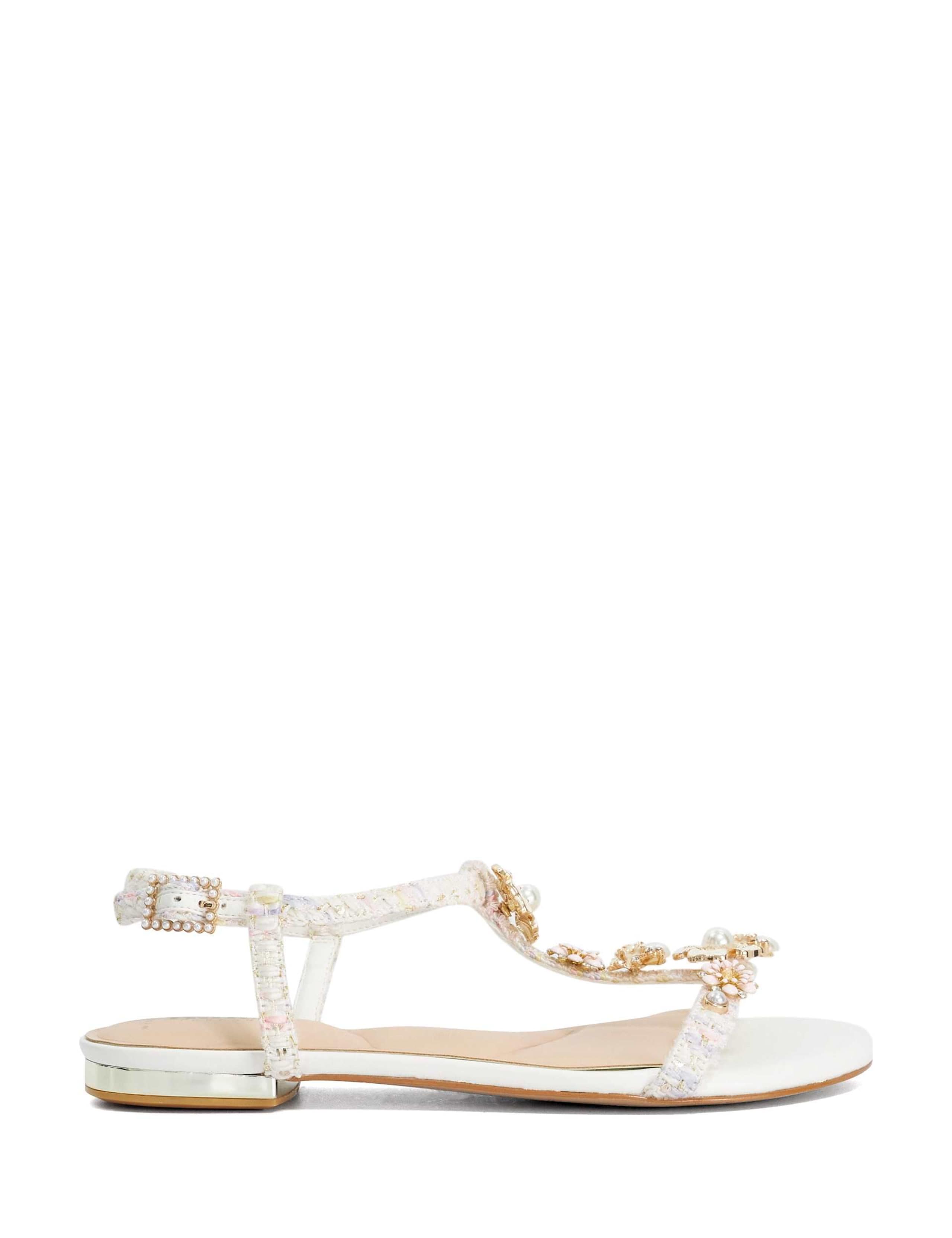 Wide Fit Leather Floral T-Bar Flat Sandals