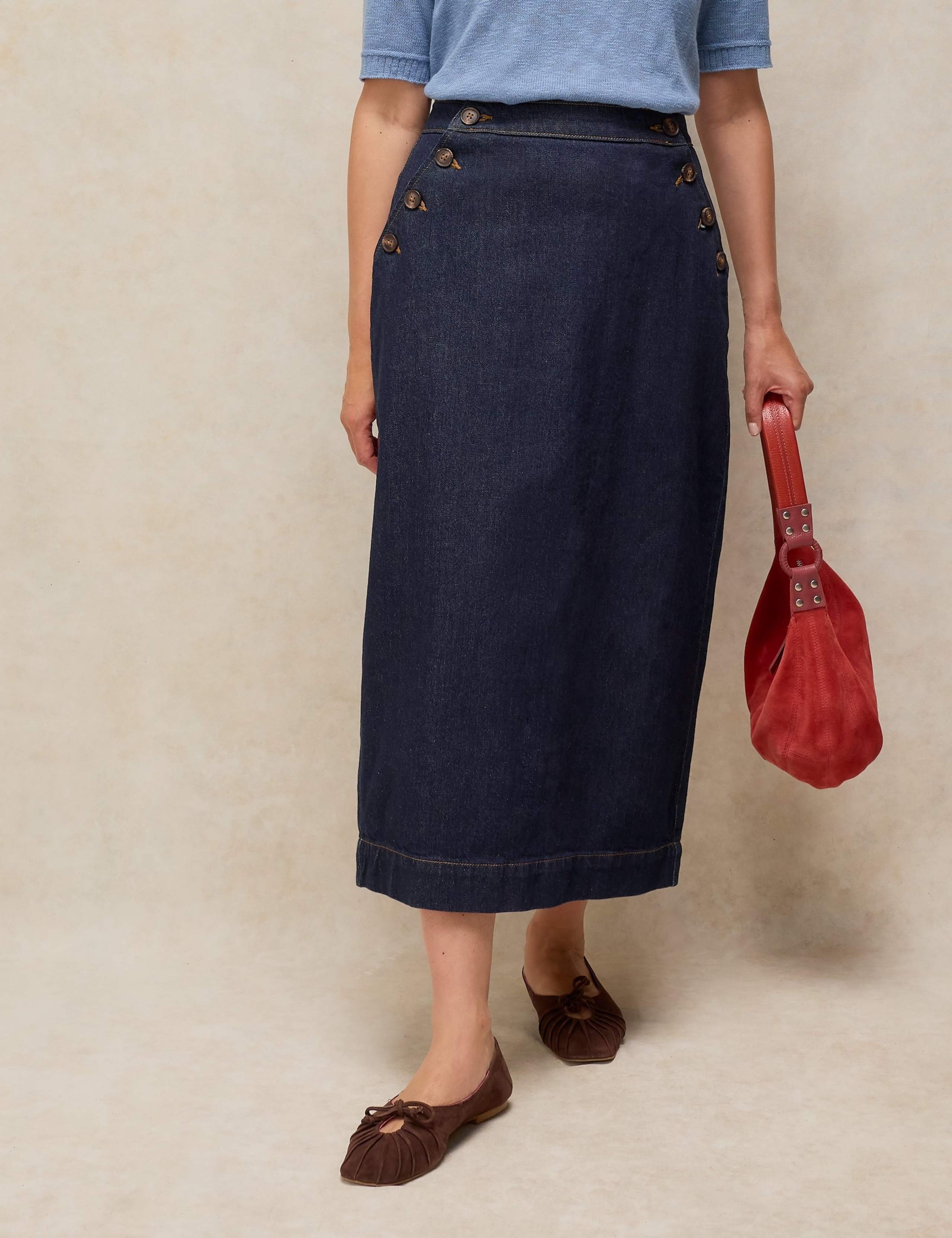 Cotton Rich Denim Button Detail Maxi Skirt