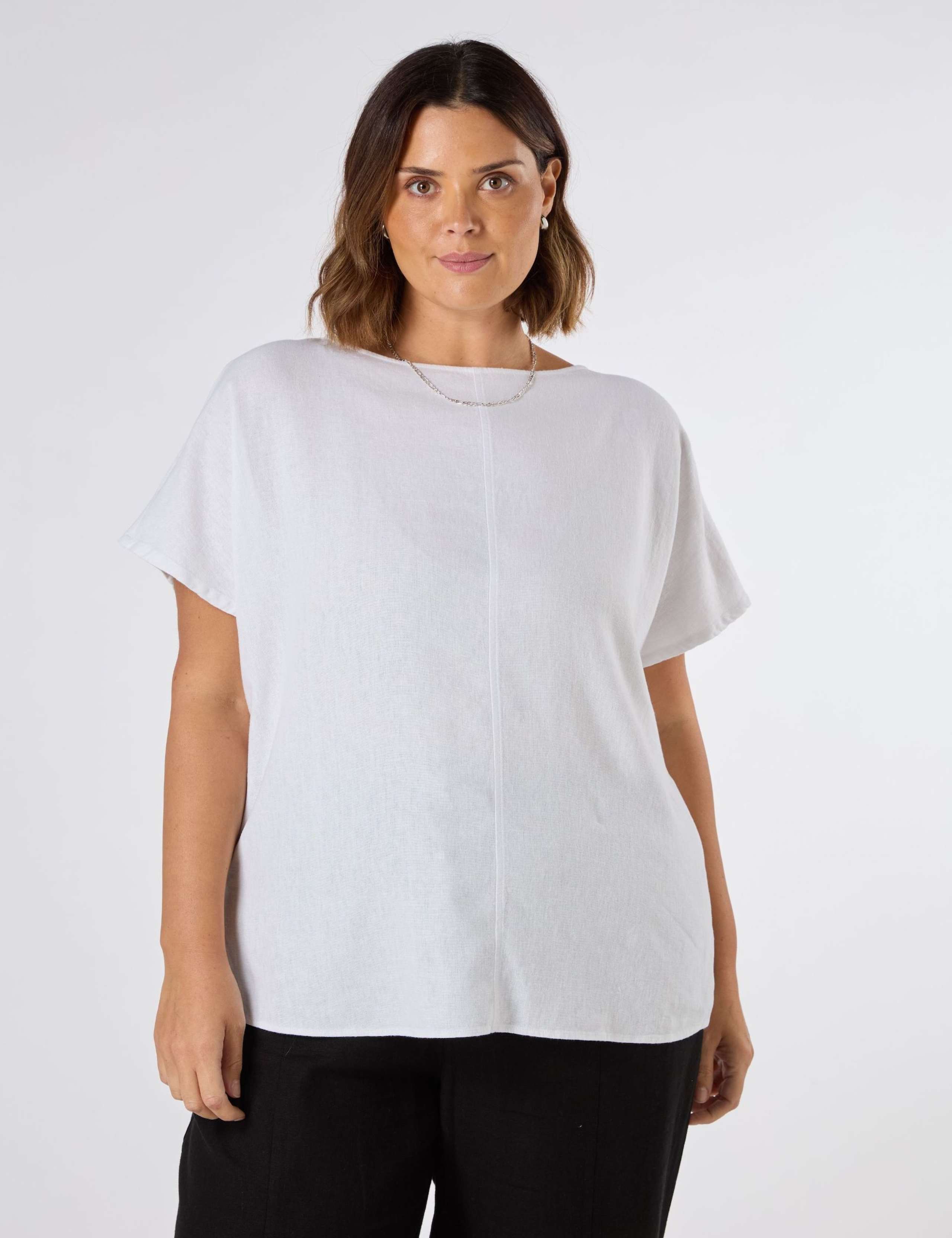 Linen Blend Round Neck Seam Detail T-Shirt