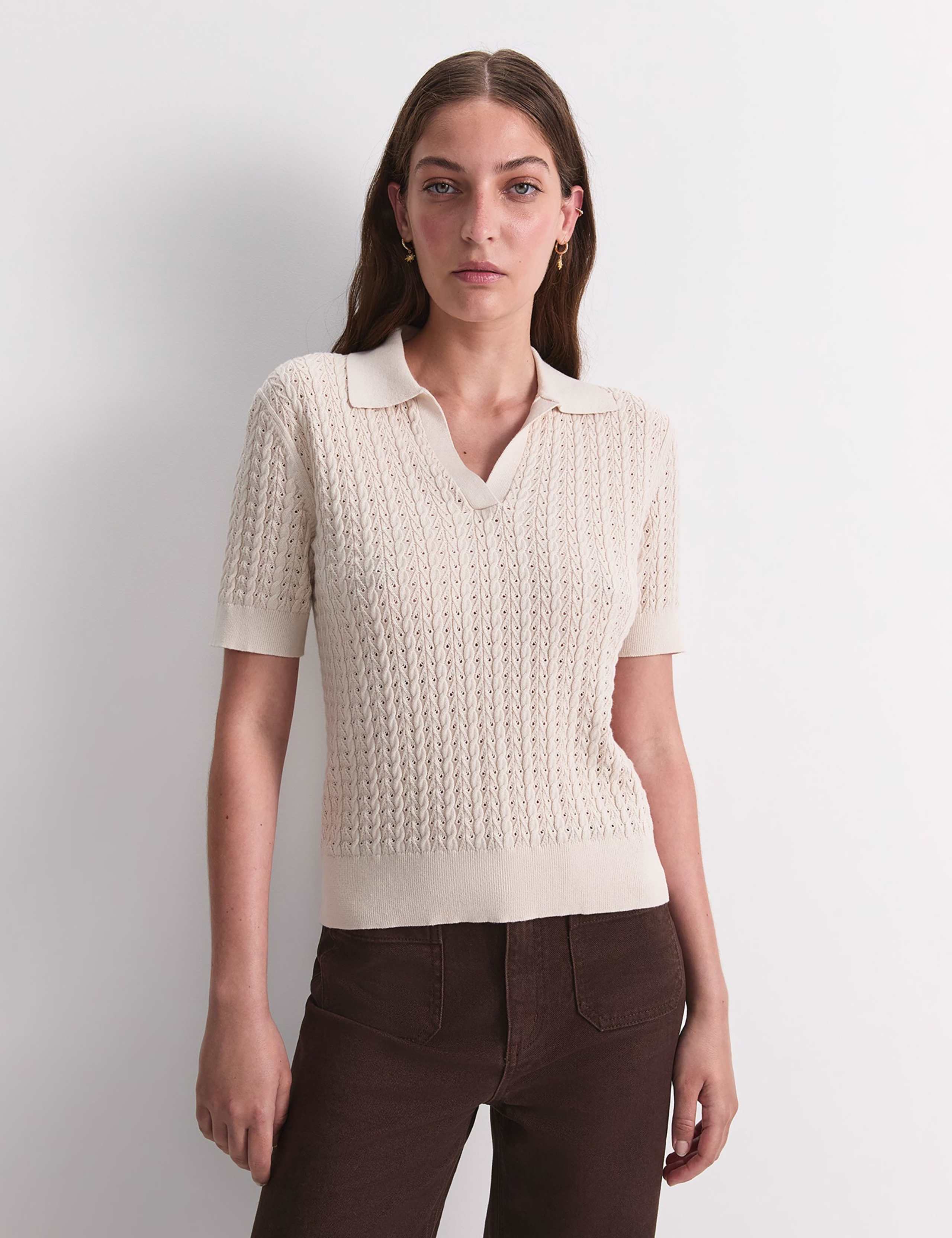 Pure Cotton Pointelle Knitted Polo Top