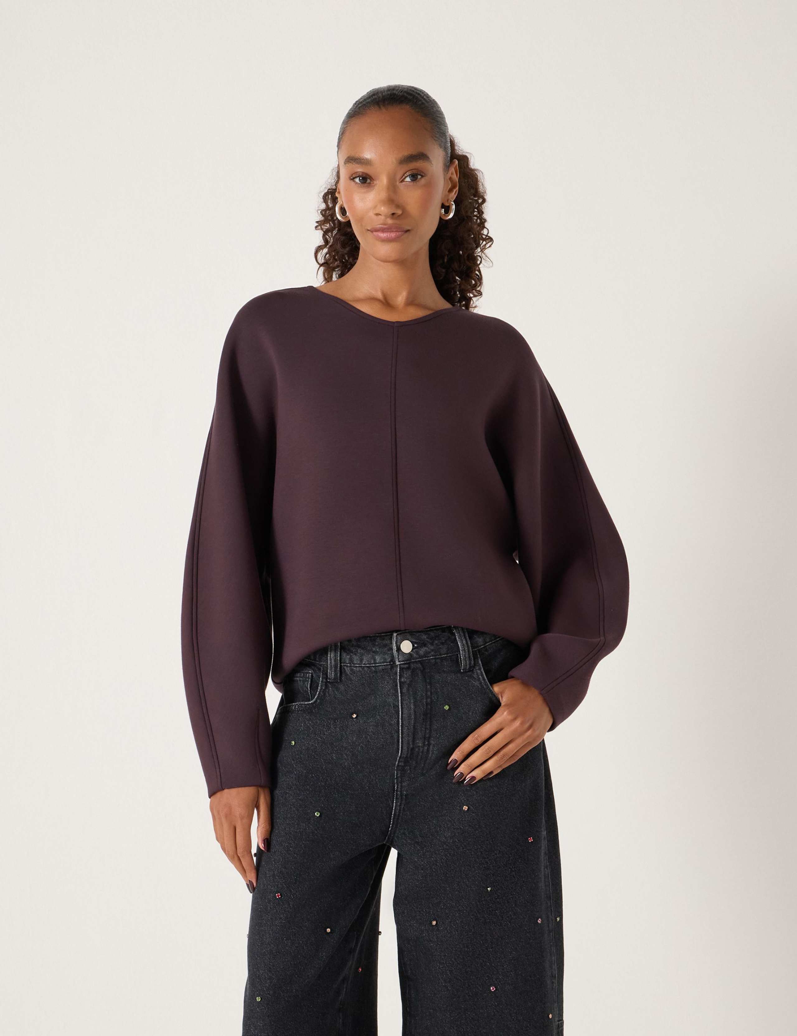 Textured V-Neck Barrel Sleeve Sweatshirt