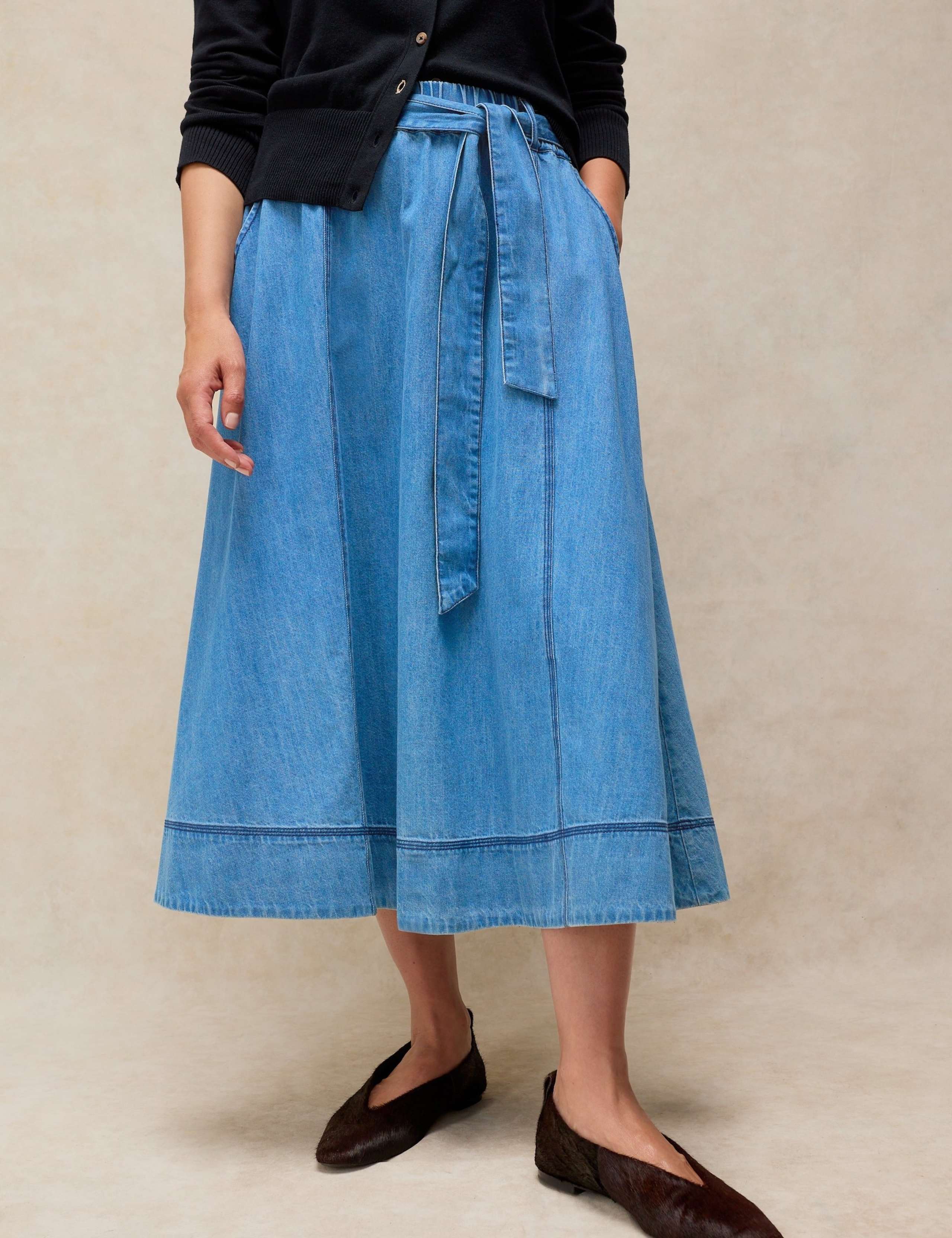 Pure Cotton Denim Midi A-Line Skirt