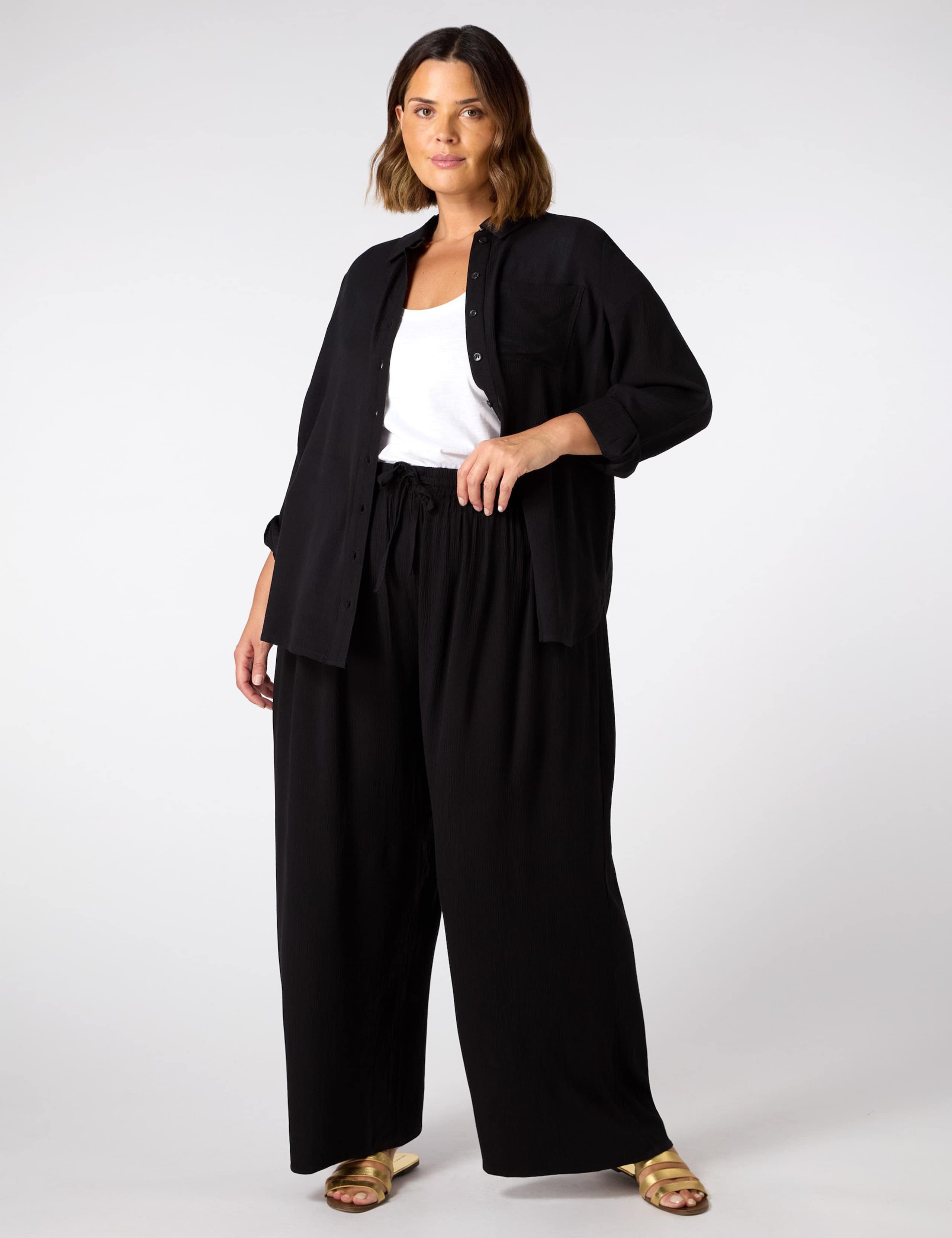 Linen Blend Drawstring Wide Leg Trousers