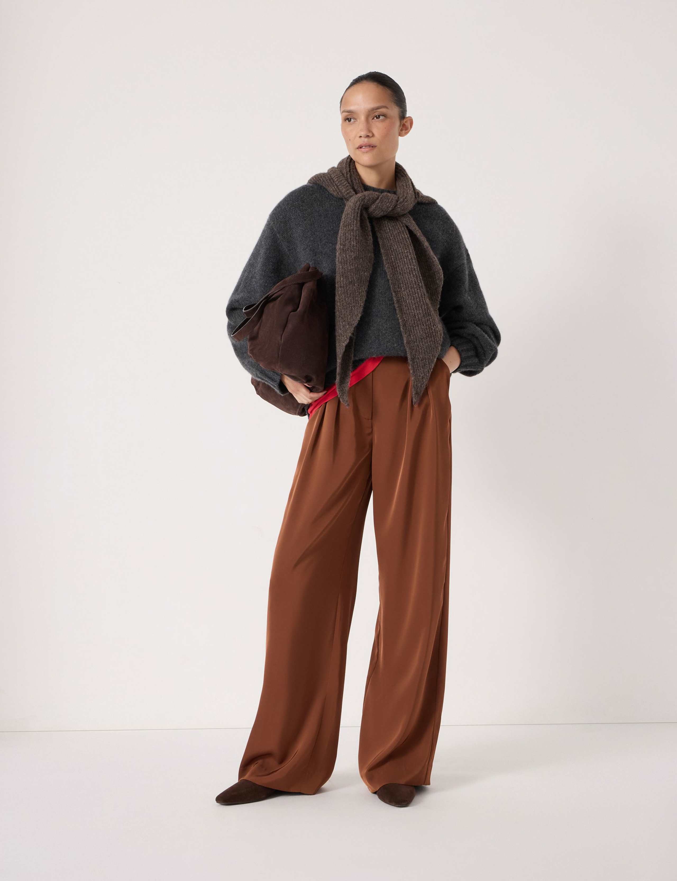 Satin Twill Pleat Front Wide Leg Trousers