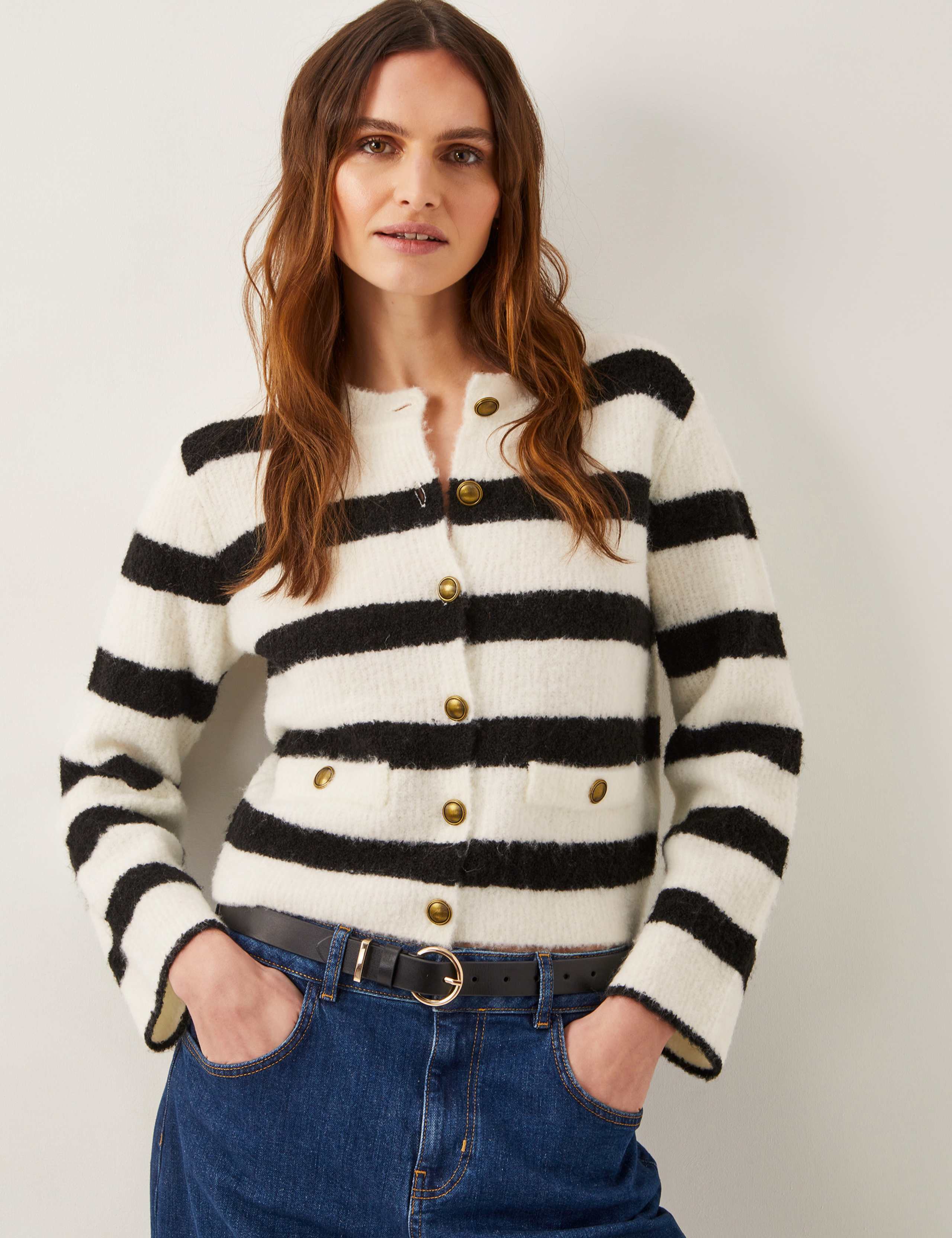 Striped Button Front Cardigan with Wool