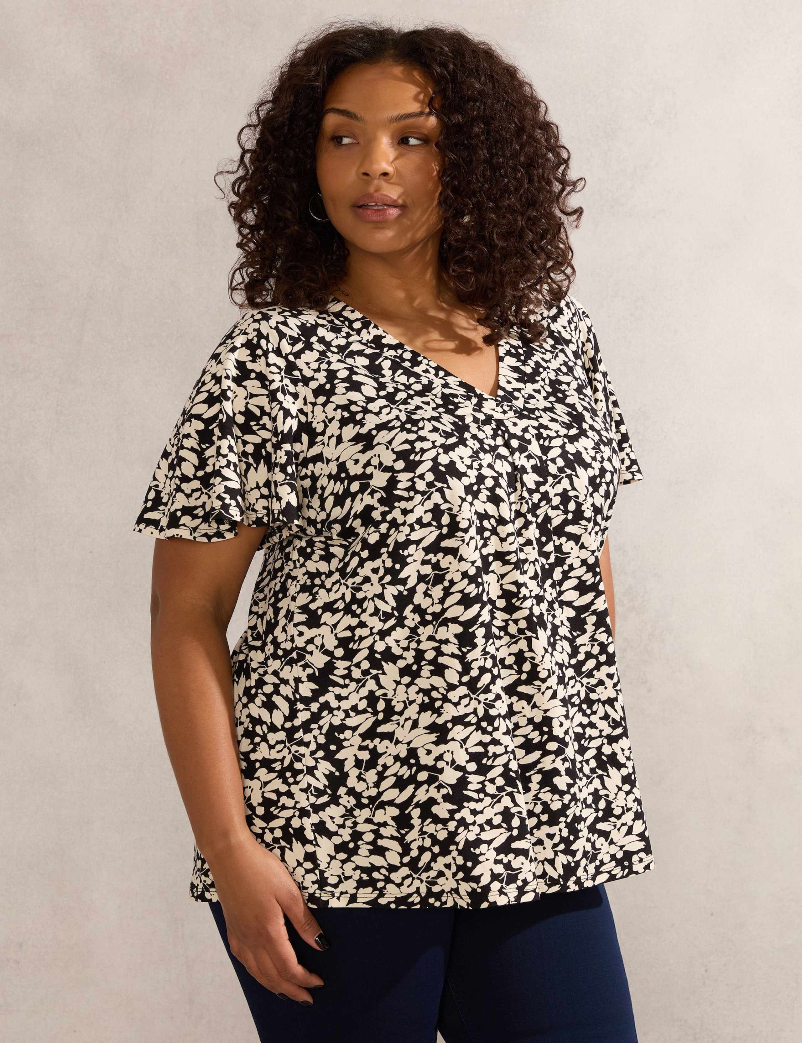 Jersey Floral V-Neck Pleat Detail Blouse