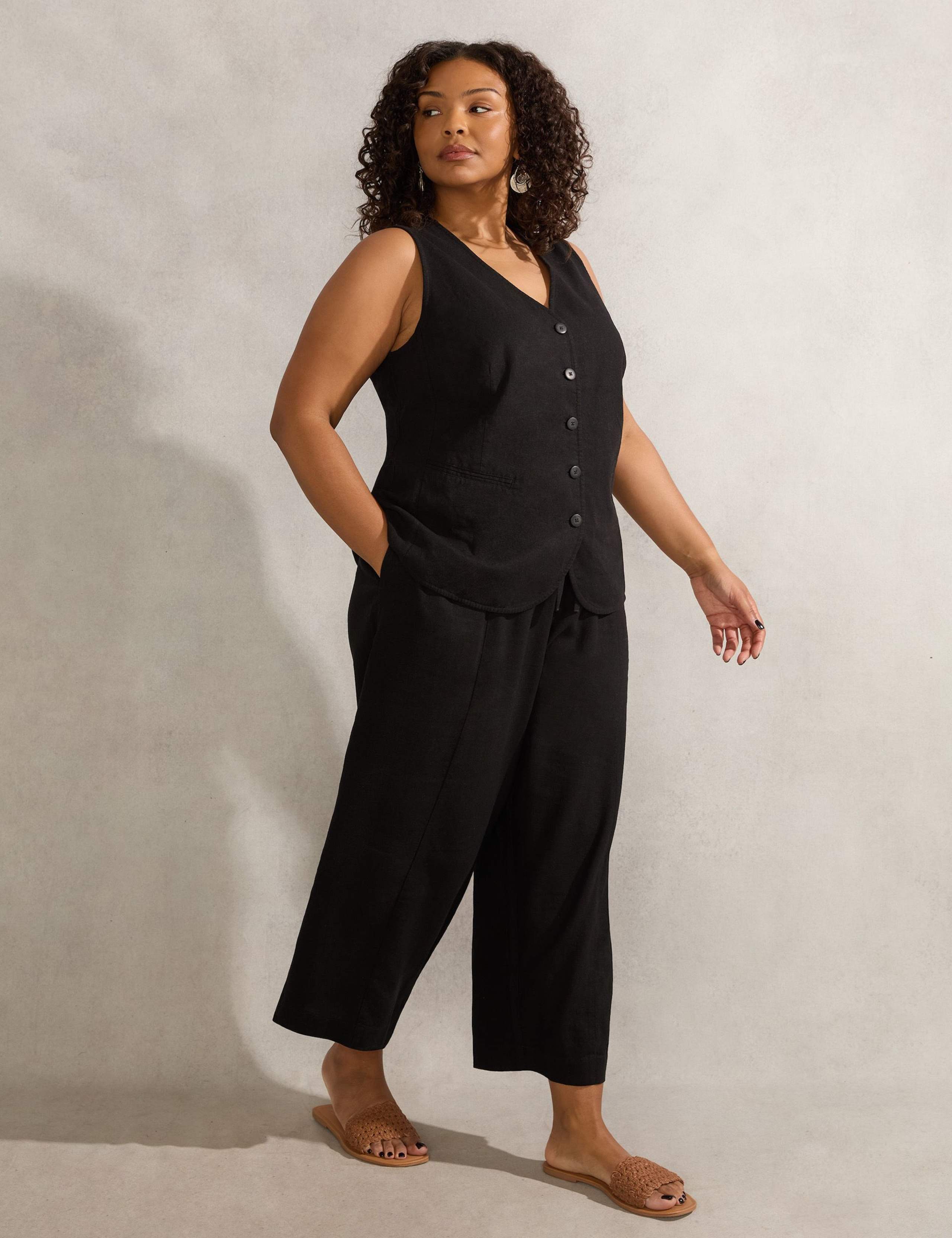 Linen Blend Wide Leg Cropped Trousers