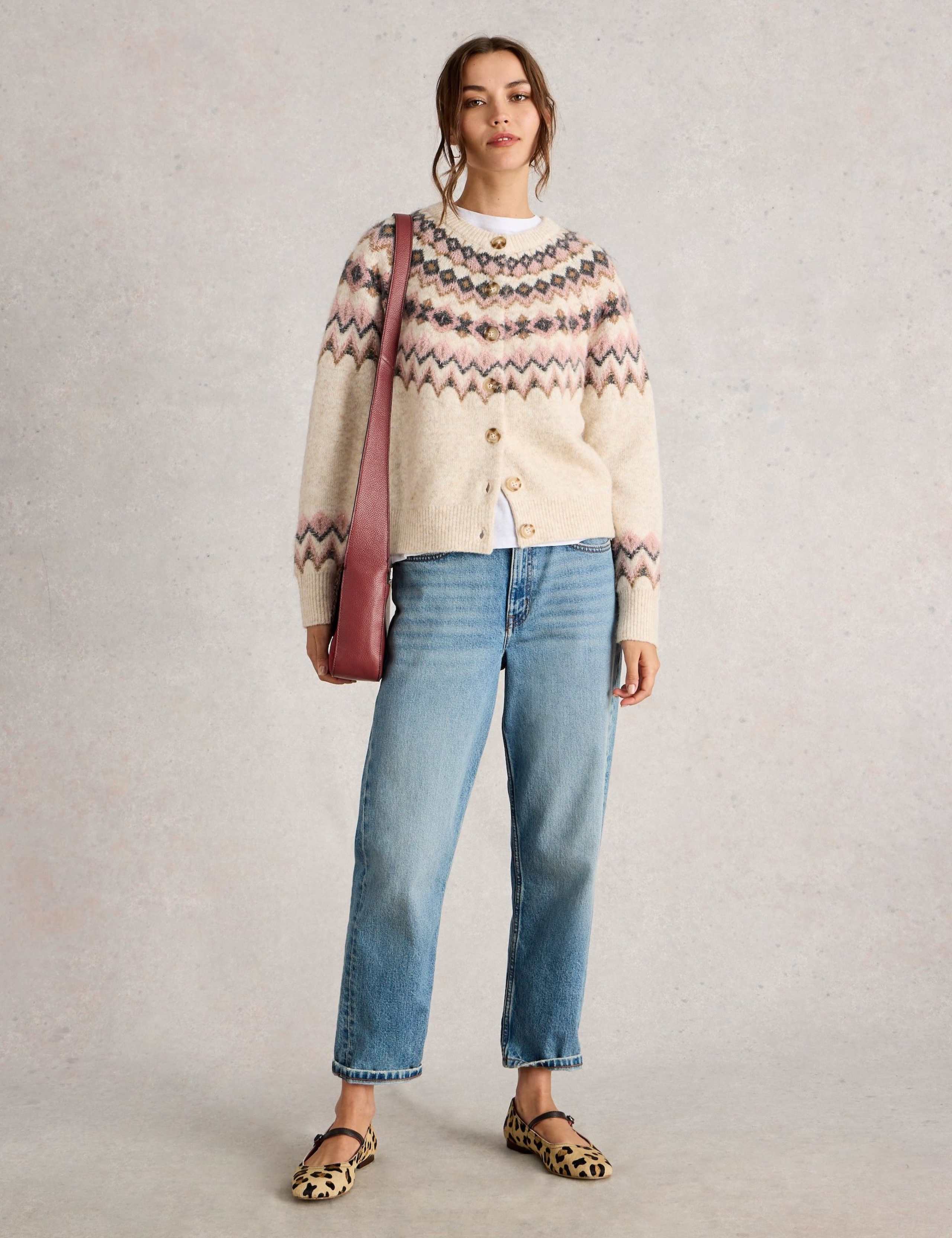 Fair Isle Button Front Cardigan with Wool