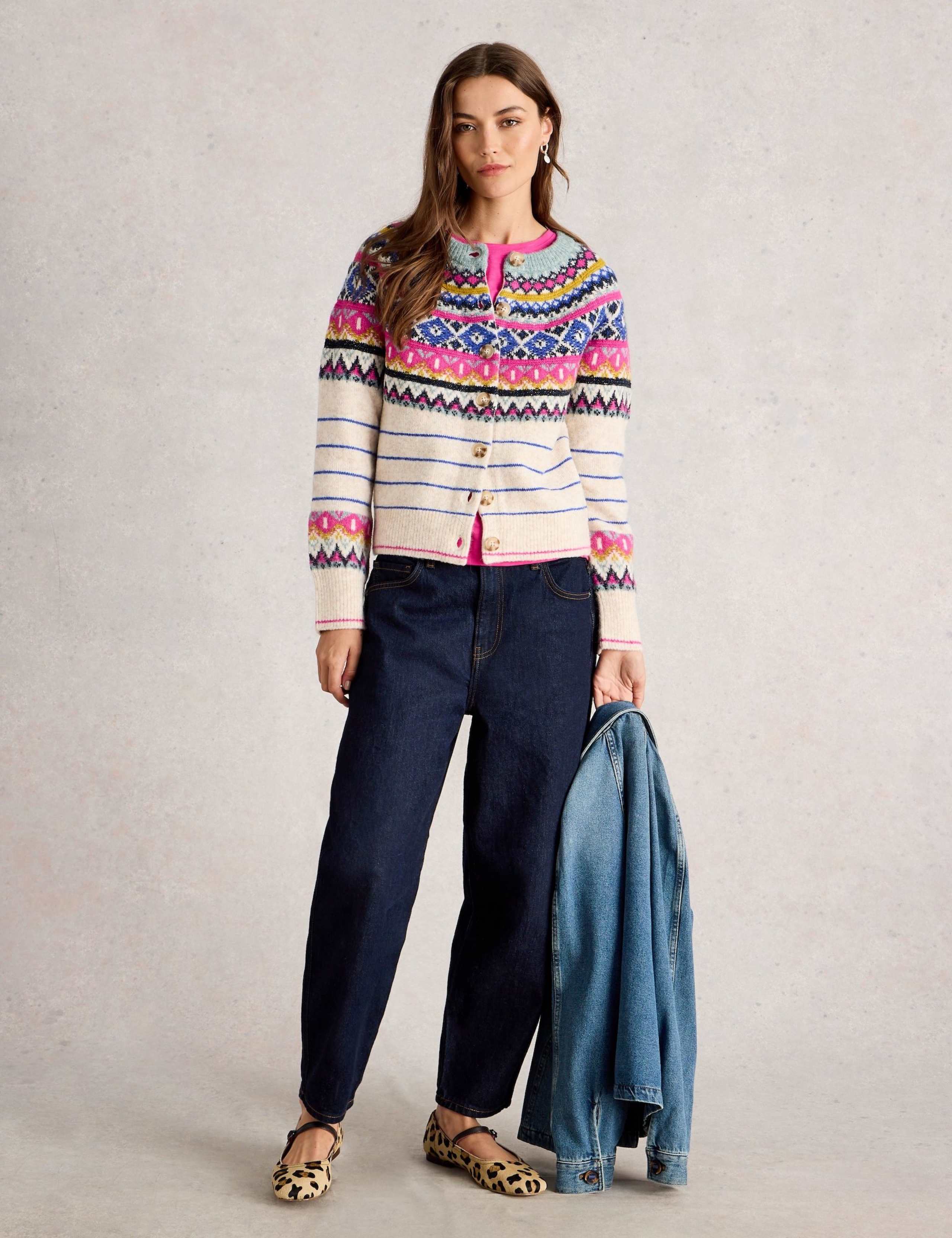 Fair Isle Button Front Cardigan with Wool