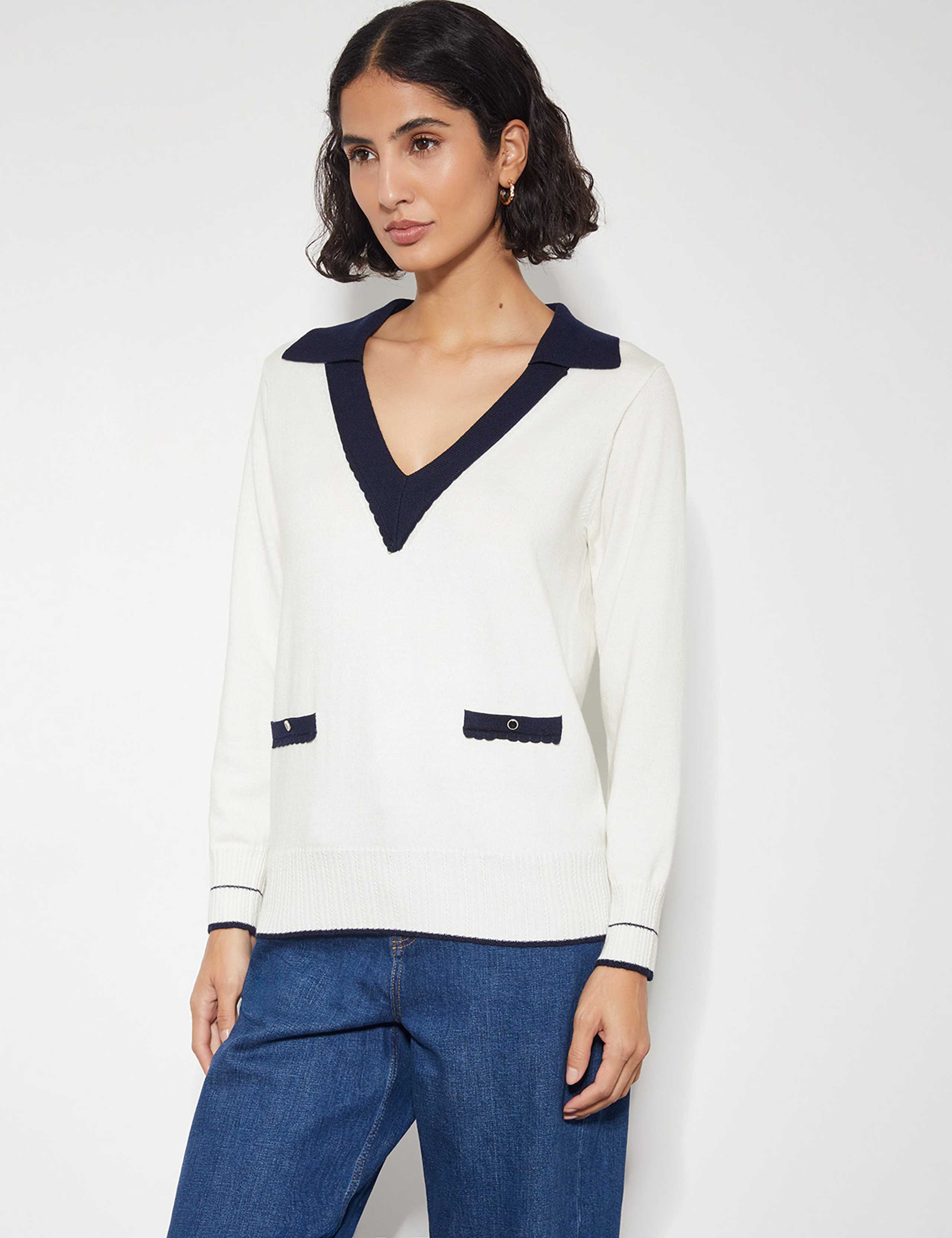 Collared V-Neck Button Detail Jumper with Wool