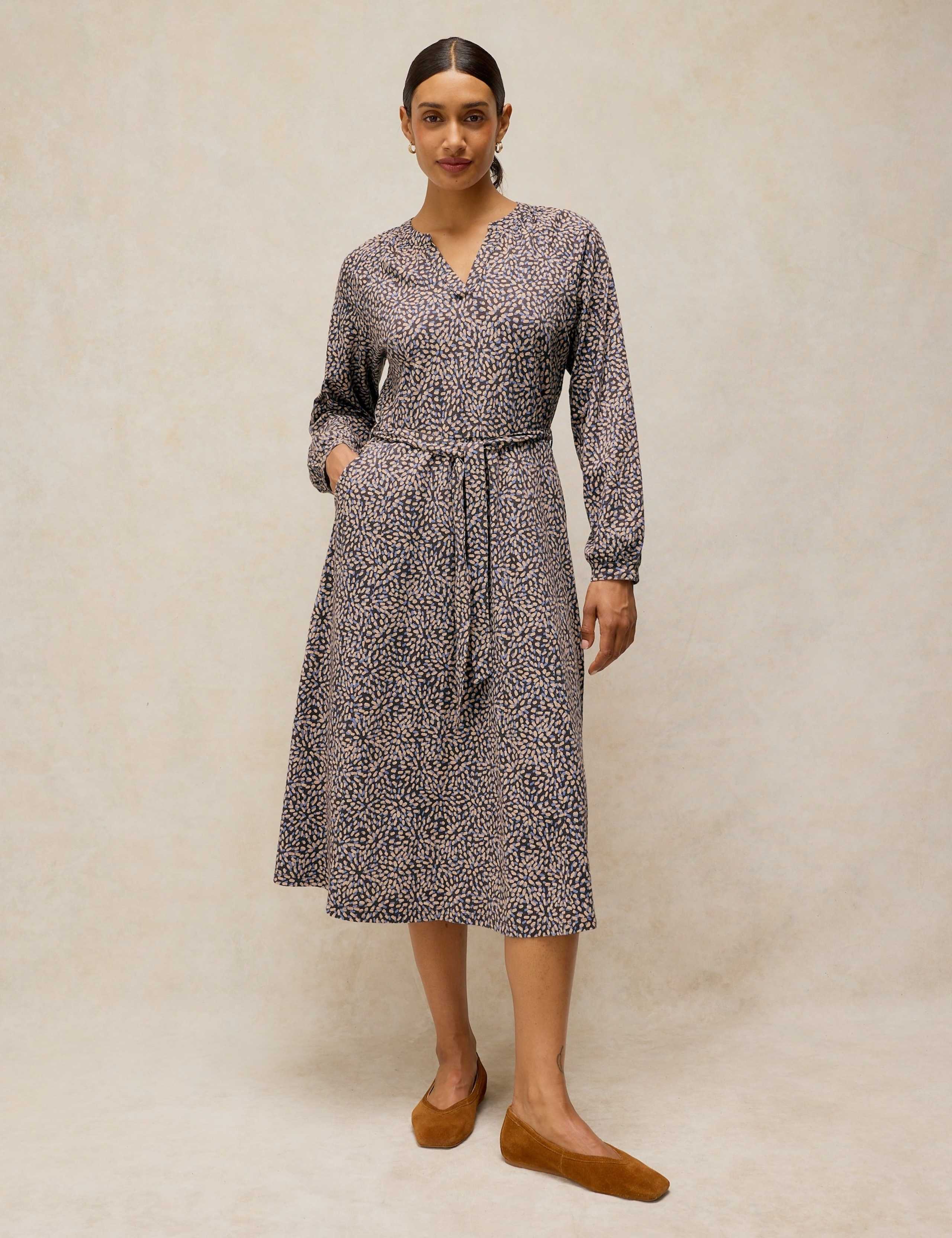 Pure Cotton Jersey Printed Midi Waisted Dress