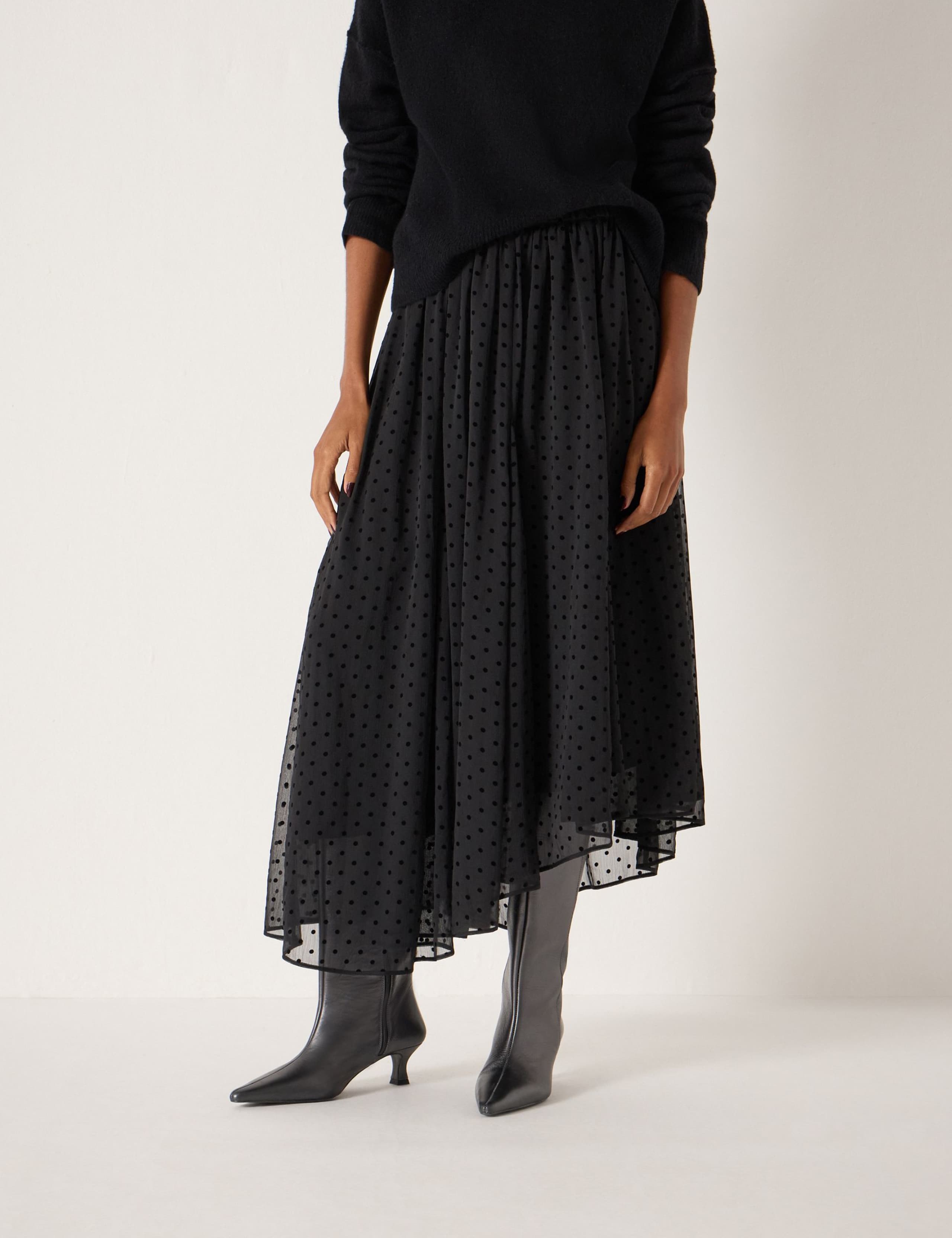 Flocked Polka Dot Midi Asymmetric Skirt
