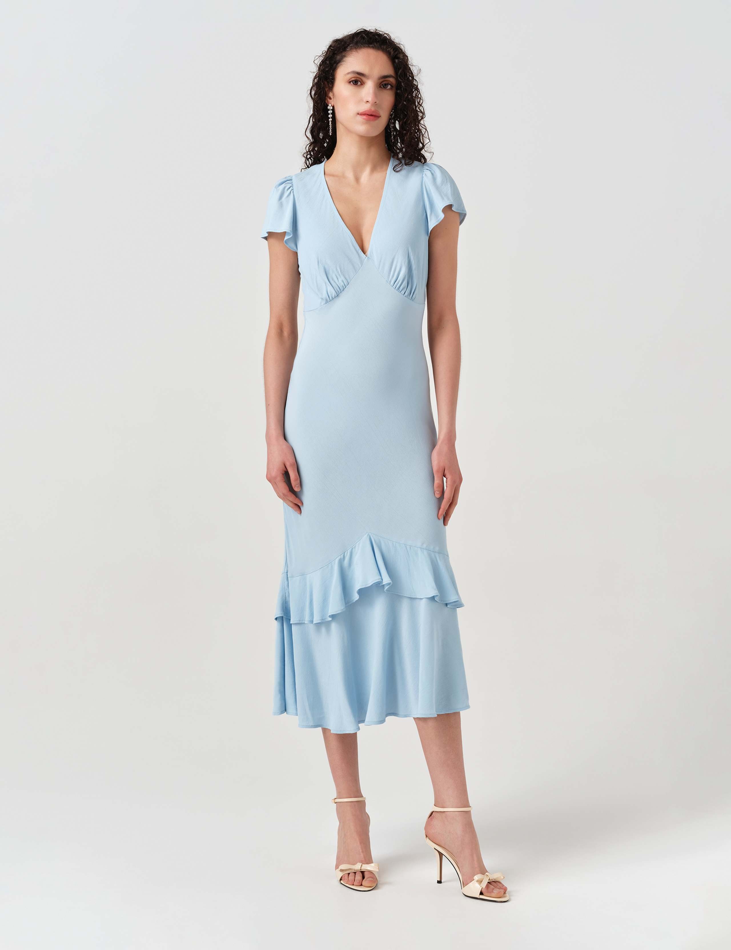 Crepe V-Neck Midi Tiered Tea Dress