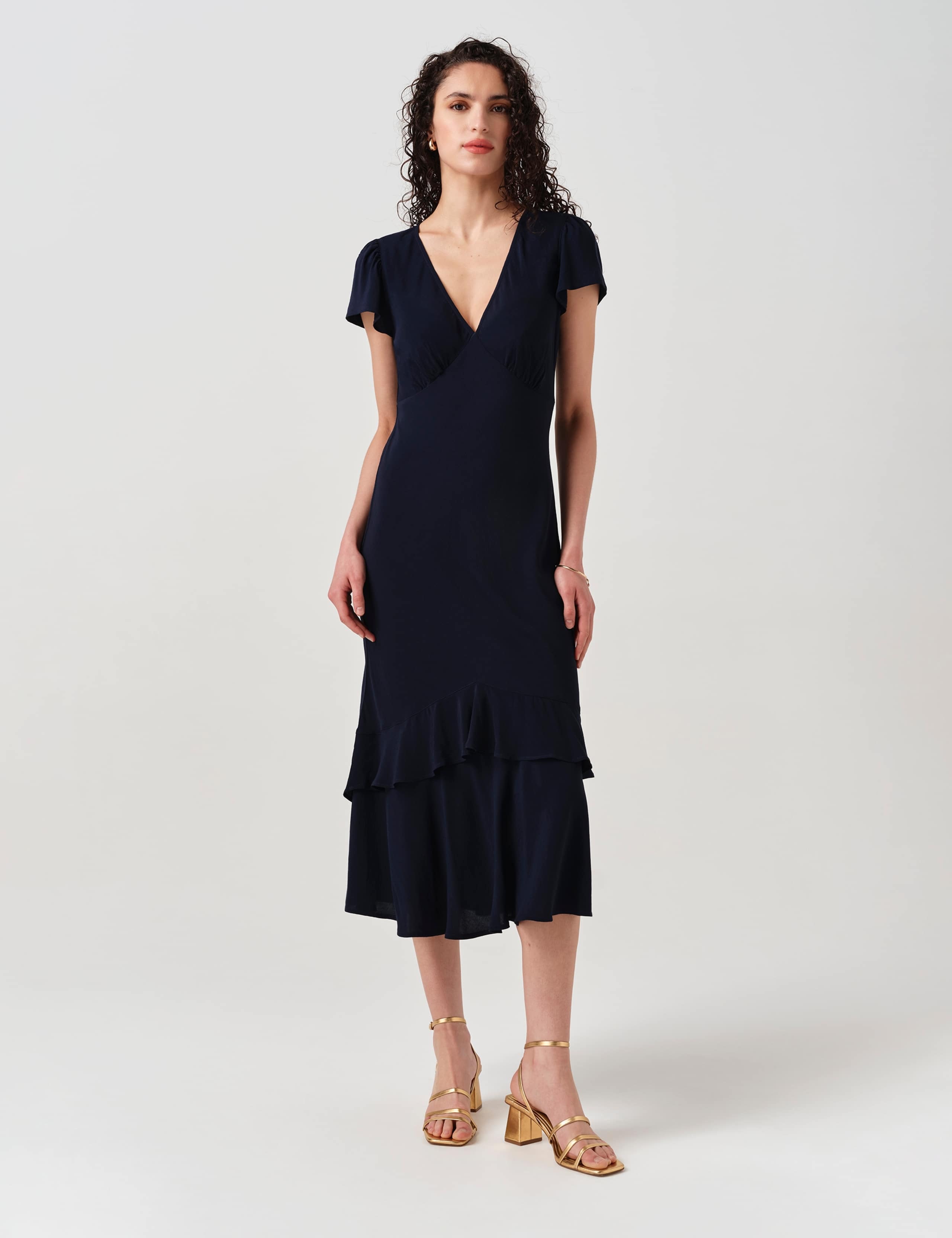 Crepe V-Neck Midi Tiered Tea Dress