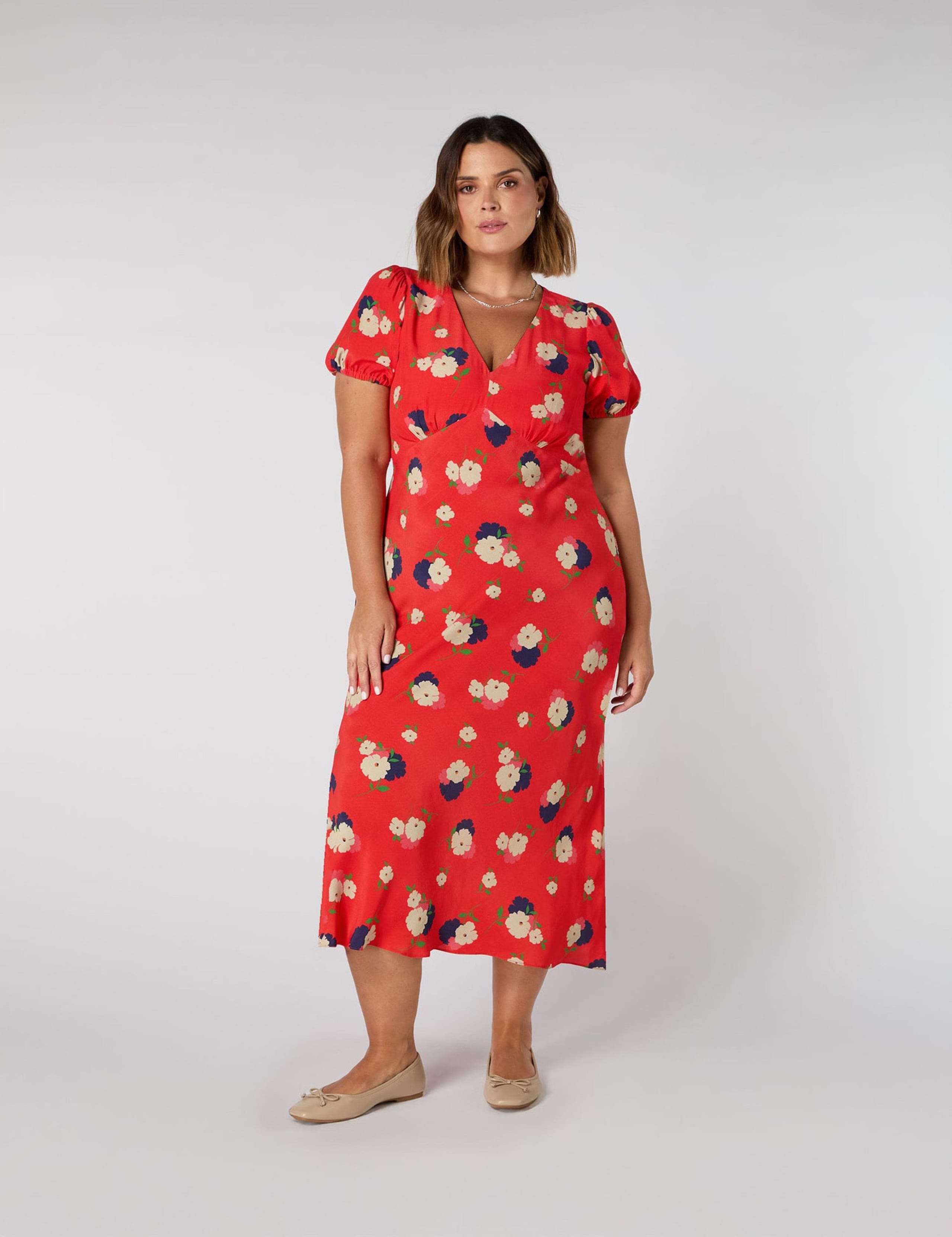 Floral V-Neck Puff Sleeve Midi Tea Dress