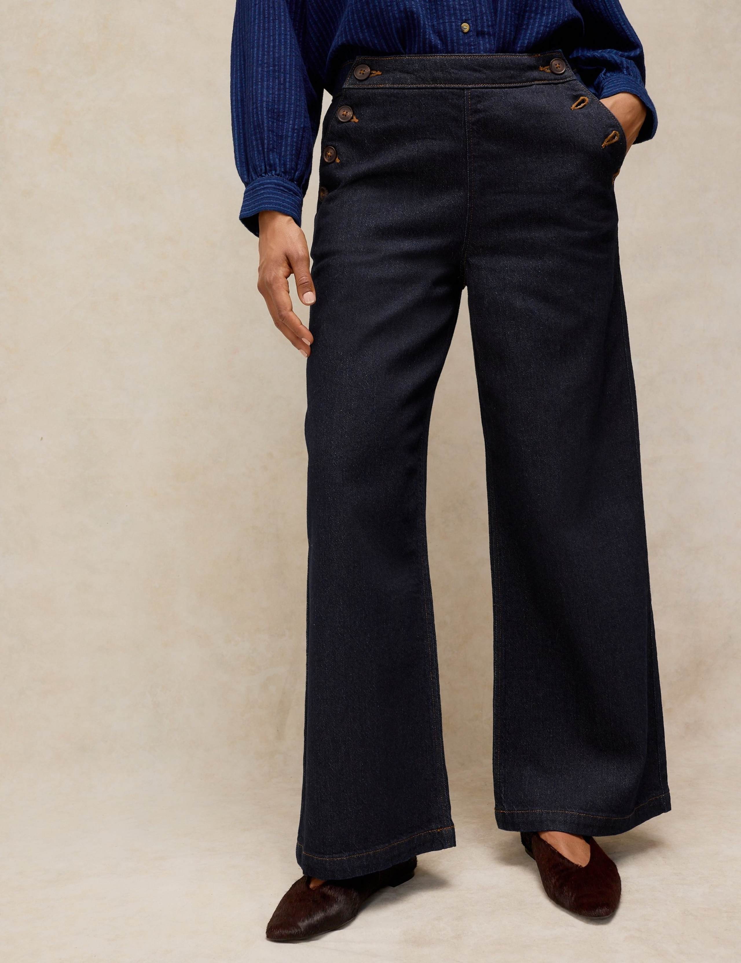 Mid Rise Button Detail Wide Leg Jeans