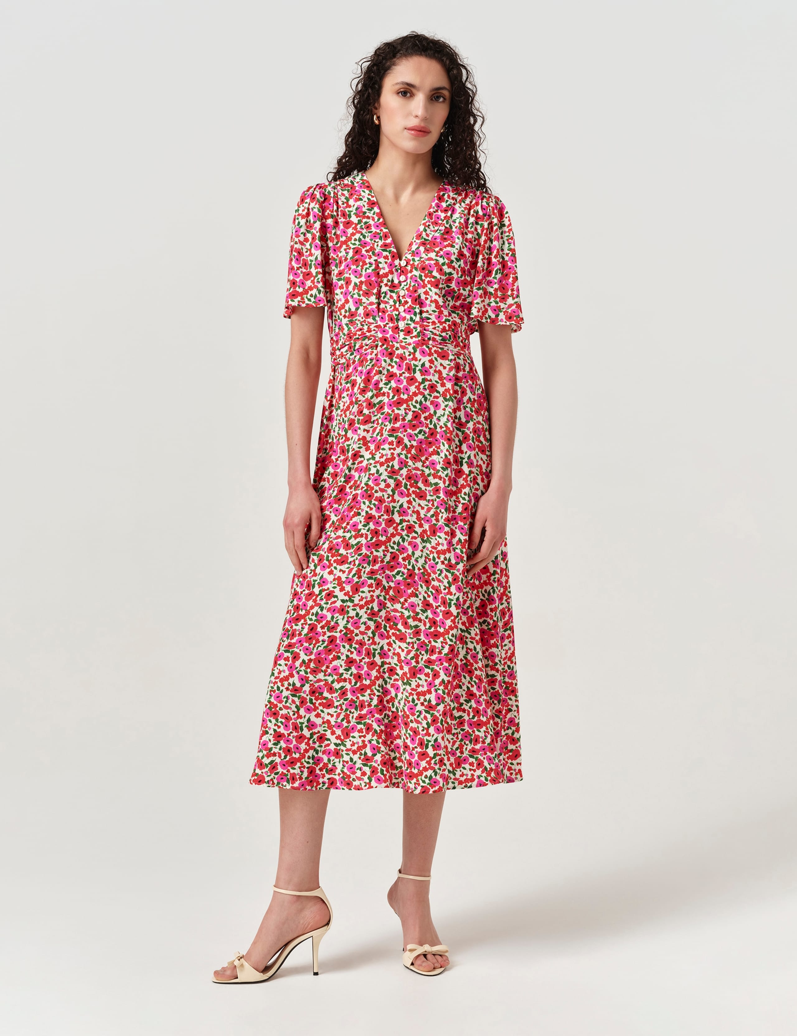 Crepe Floral V-Neck Tie Waist Midi Tea Dress