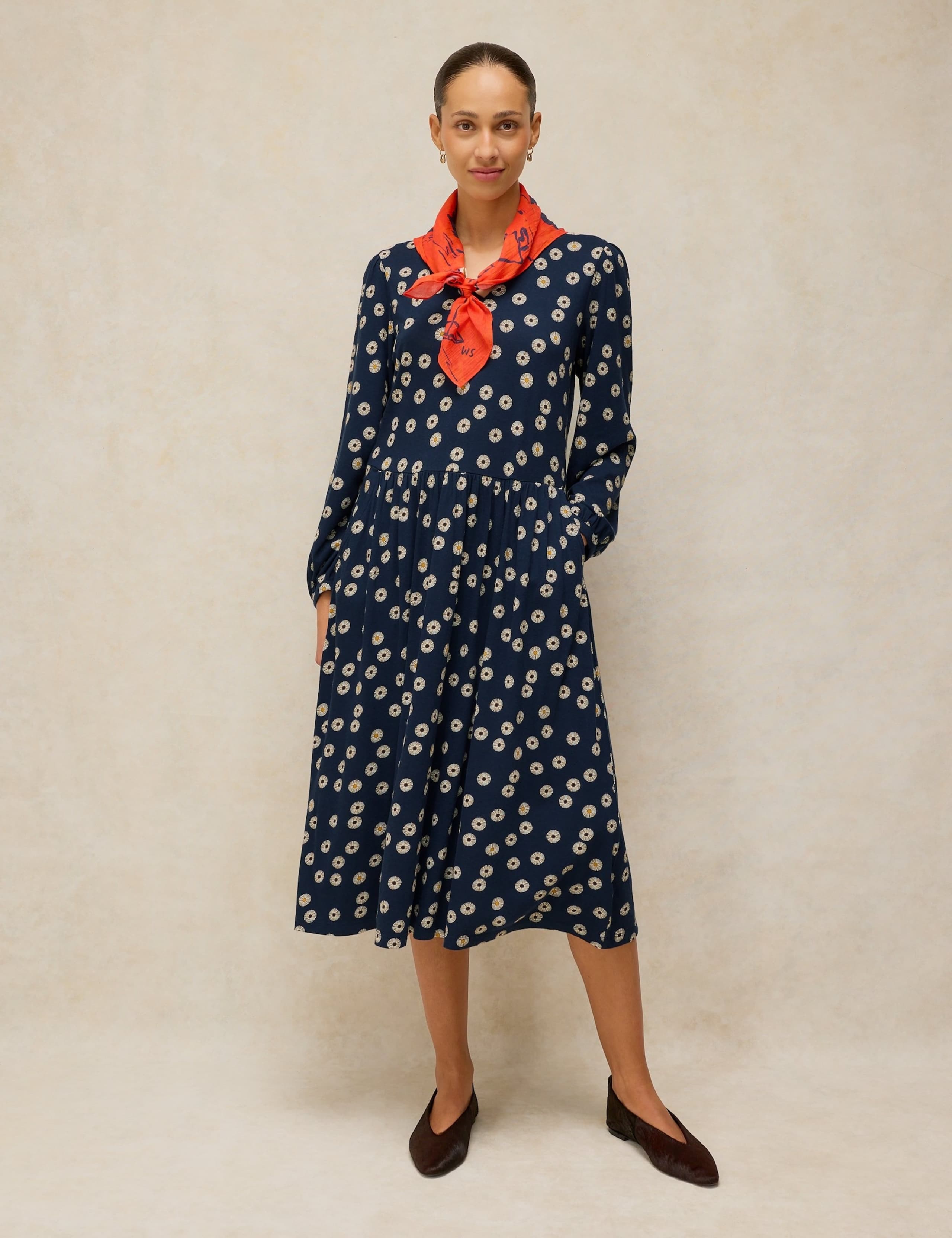 Cotton Blend Floral Notch Neck Tea Dress