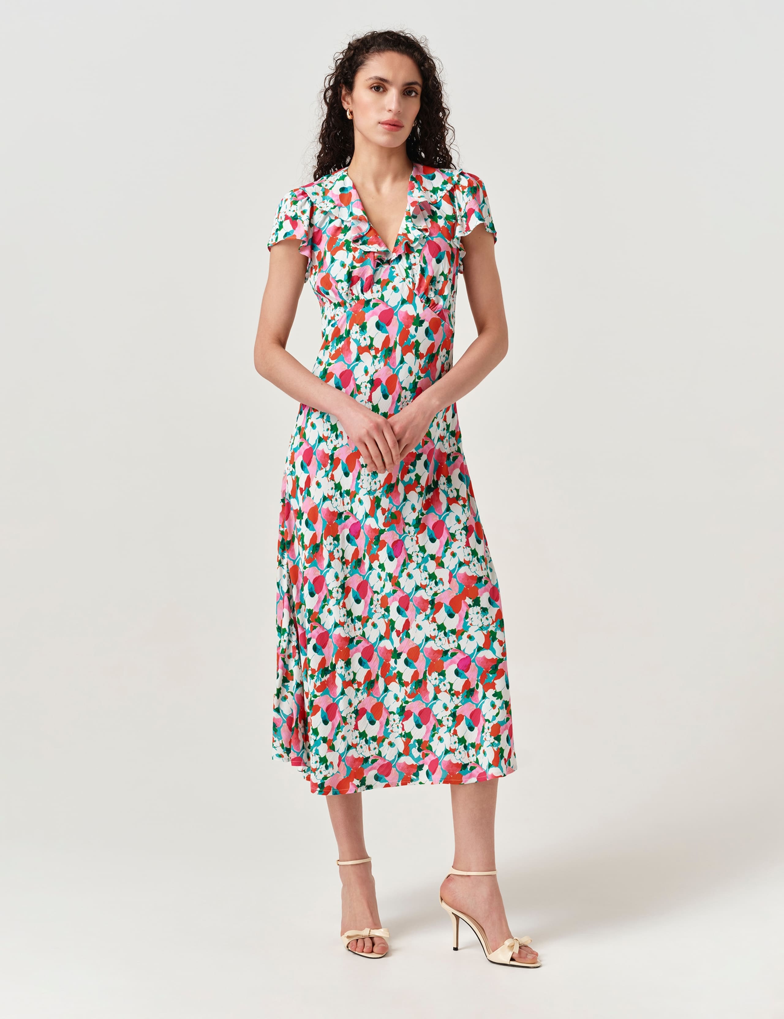 Crepe Floral V-Neck Midi Dress