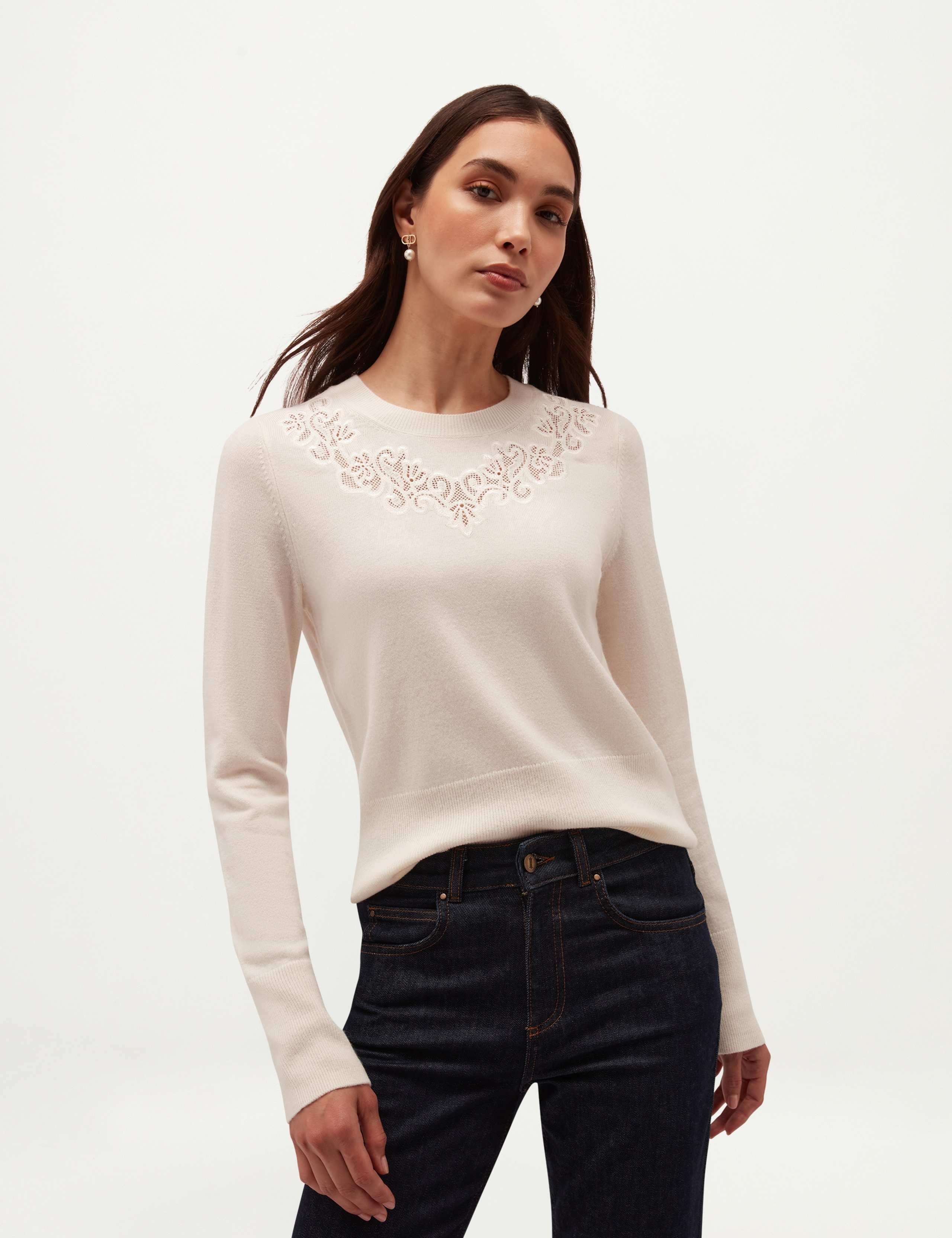 Merino Wool Cashmere Lace Detail Crew Neck Jumper