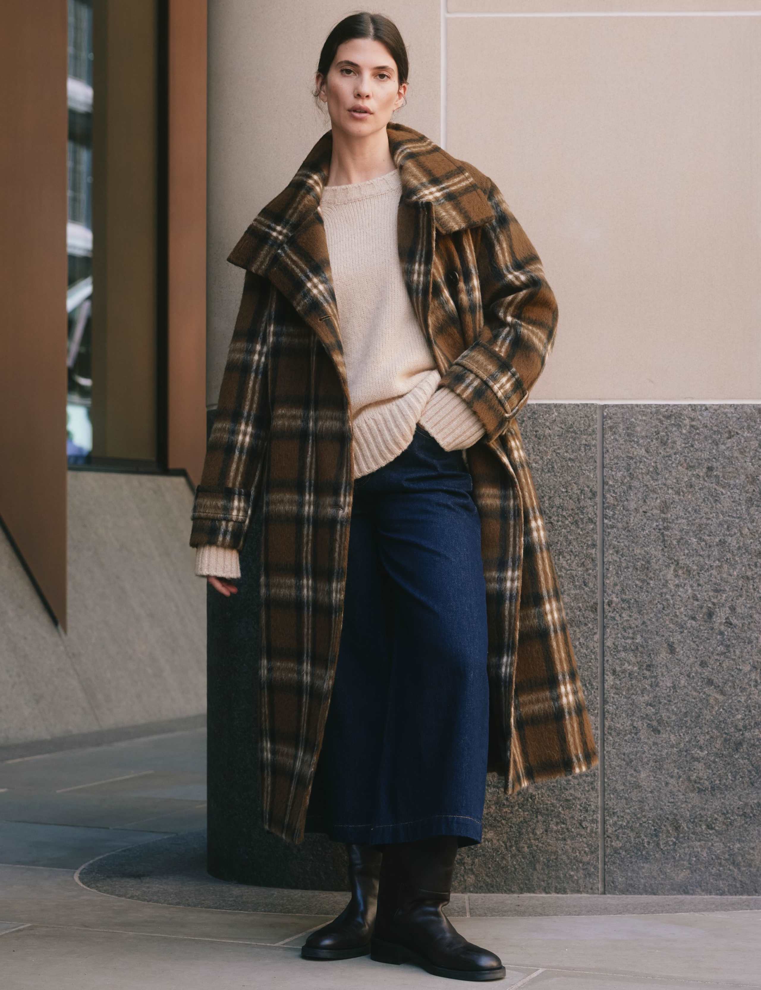 Checked Oversized Longline Coat with Wool
