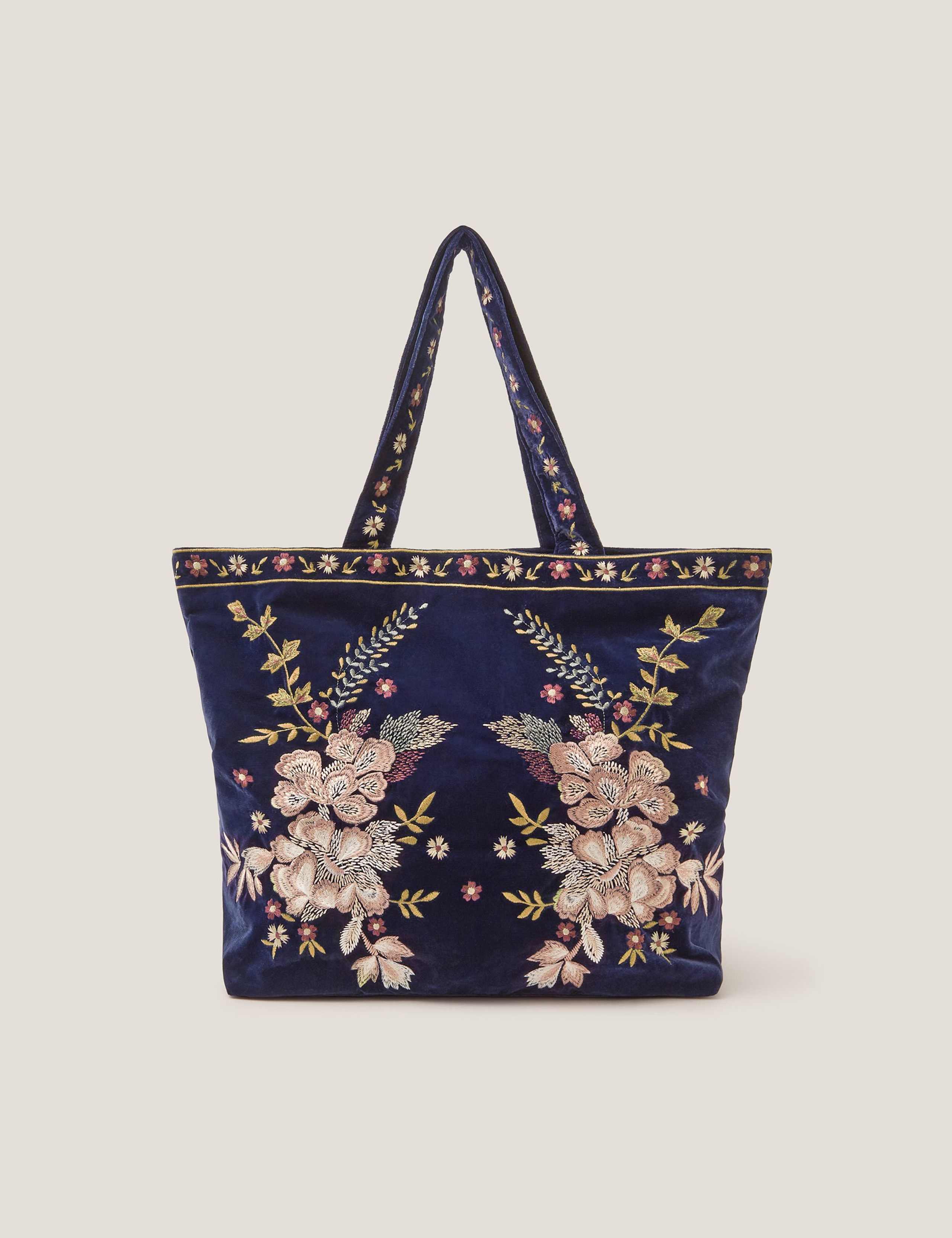 Velvet Embroidered Floral Tote Bag