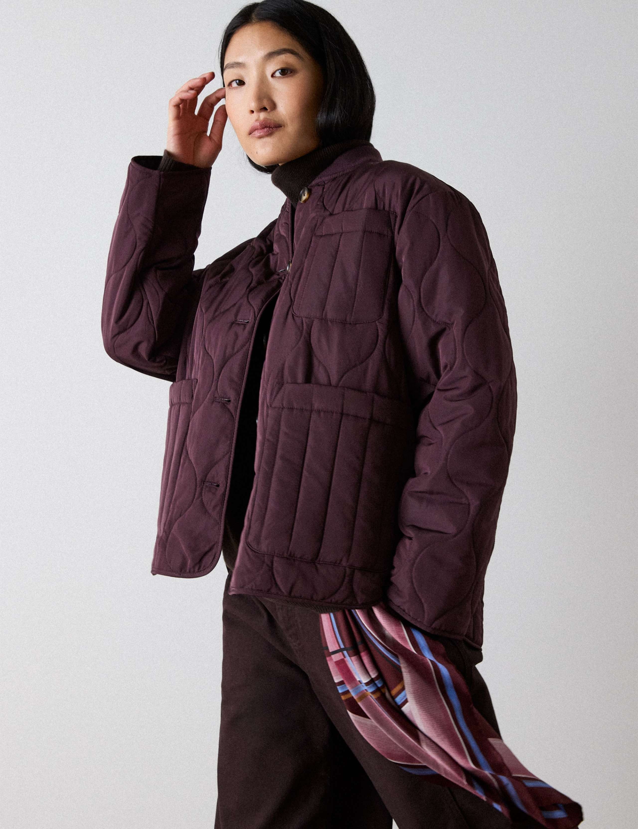 Quilted Bomber Collar Button Through Coat