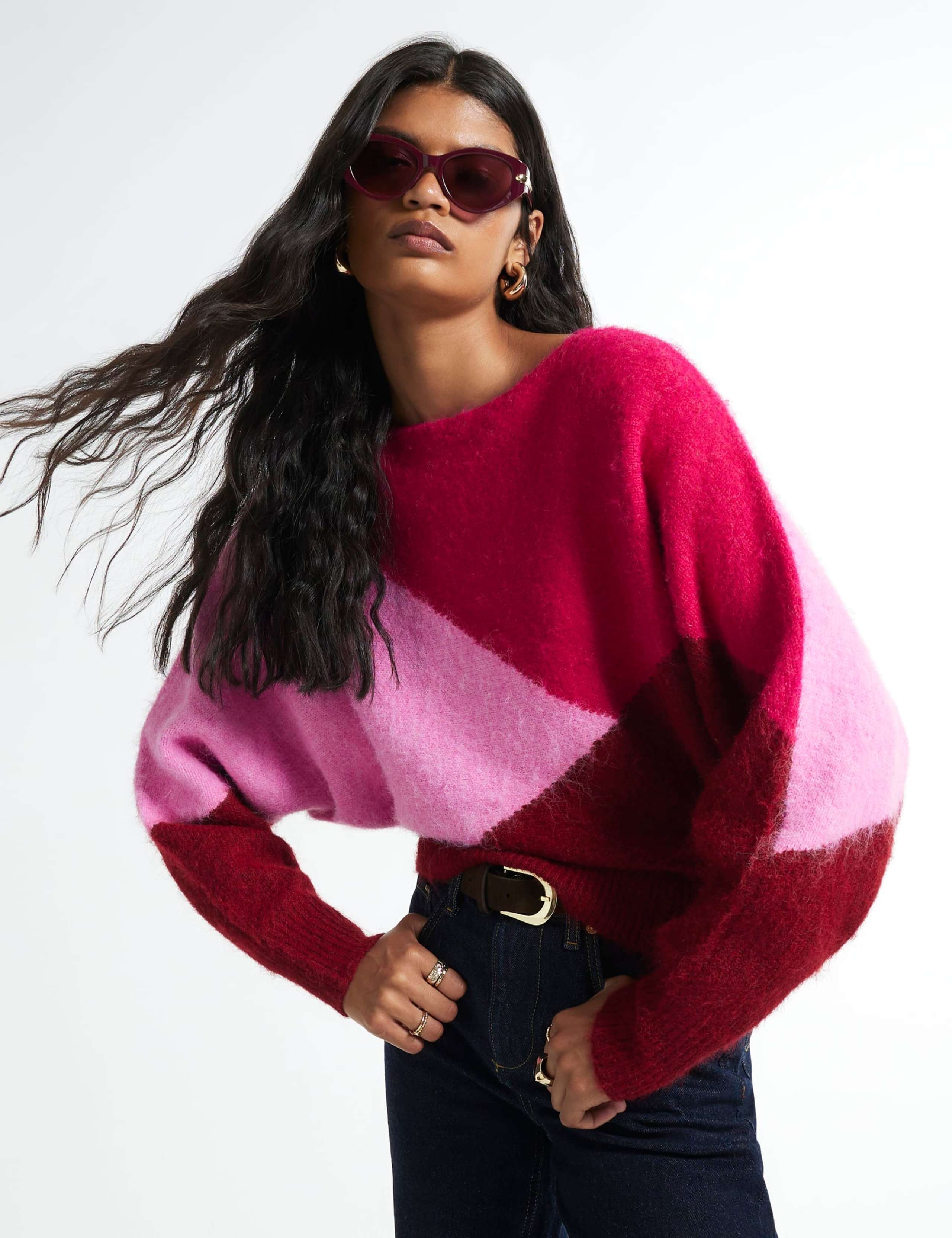 Colour Block Slash Neck Batwing Sleeve Jumper