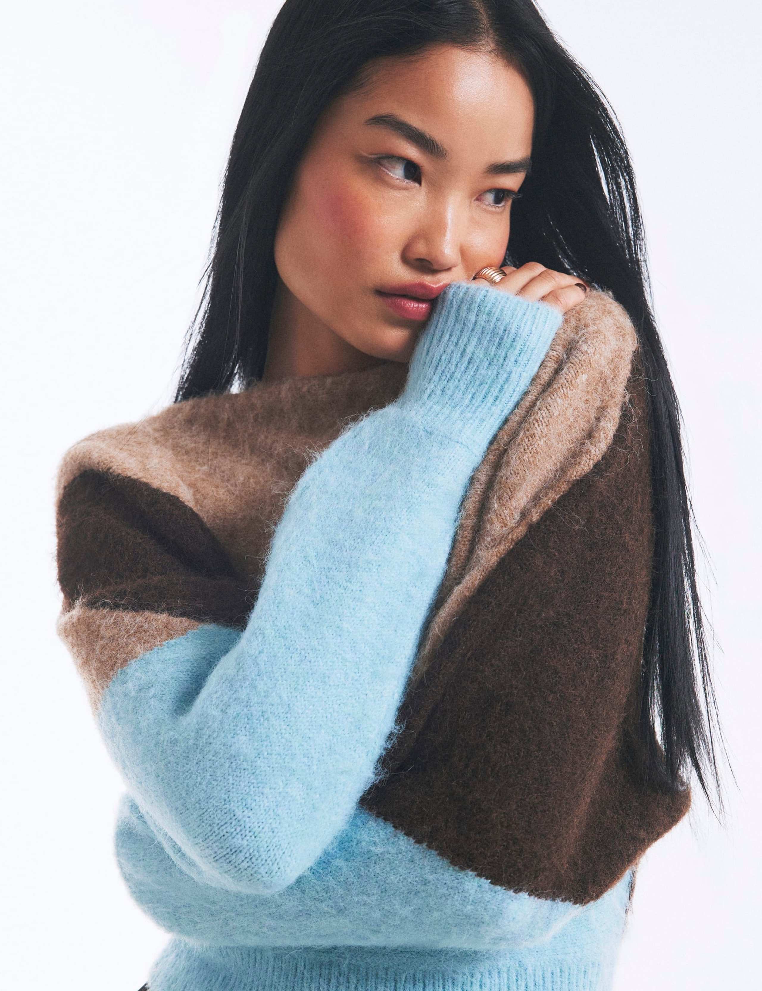 Colour Block Slash Neck Batwing Sleeve Jumper