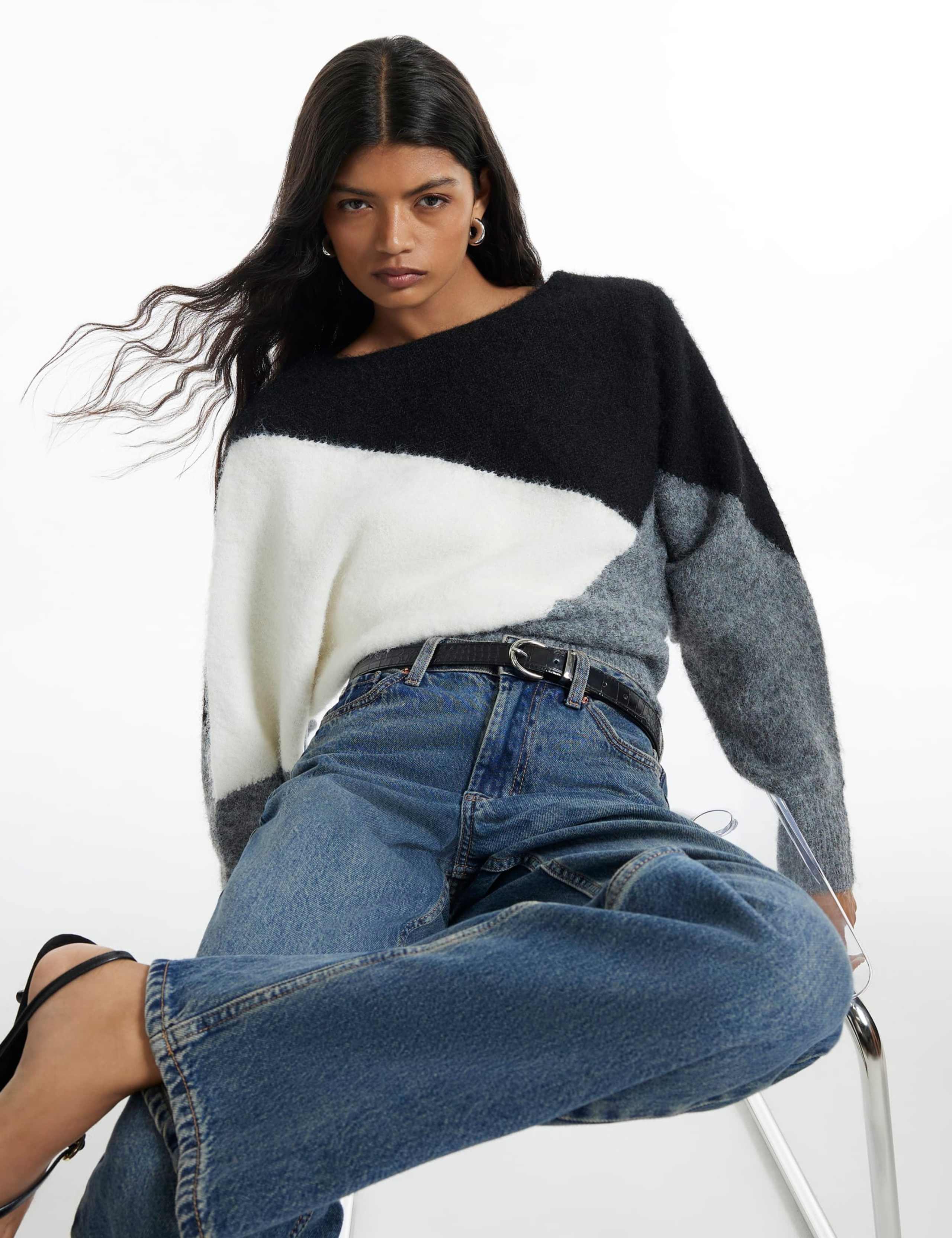 Colour Block Slash Neck Batwing Sleeve Jumper