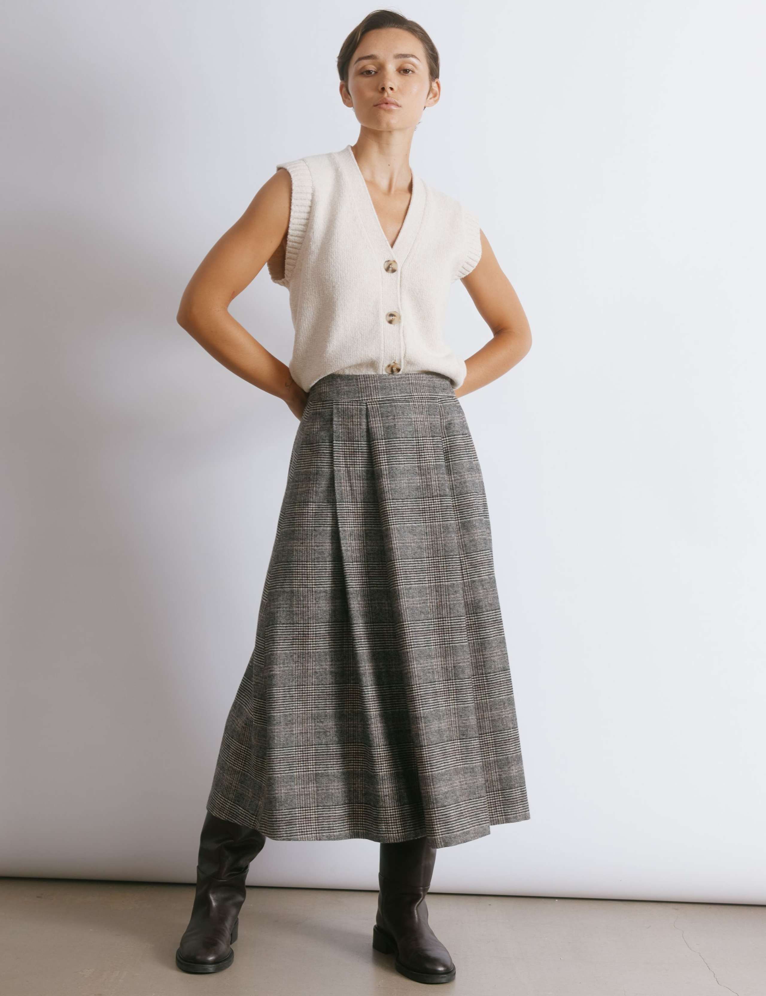Checked Pleated Midi Skirt
